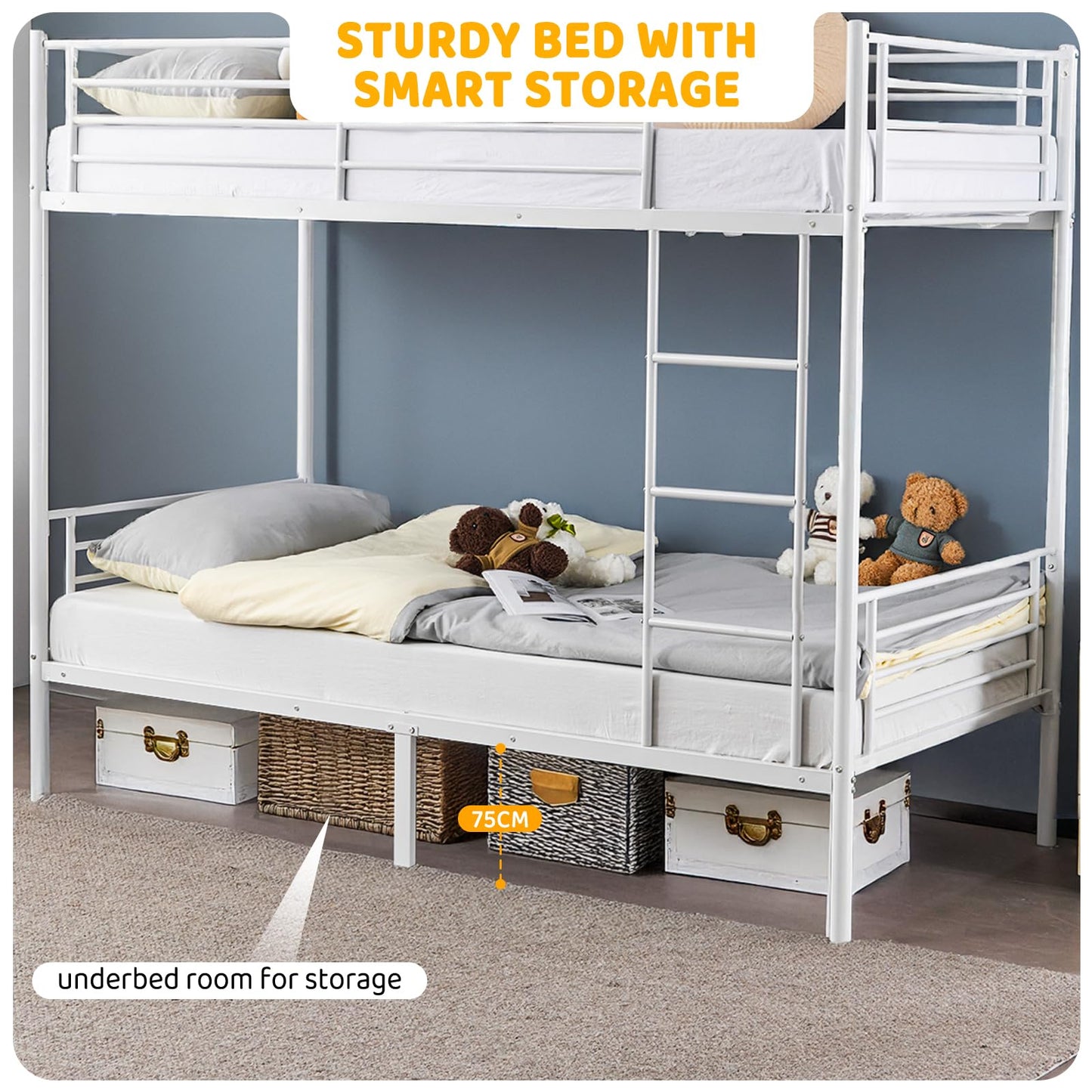 Bonnlo Metal Bunk Bed, Single over Single Loft Bed Frame with Ladder and Safety Guardrail