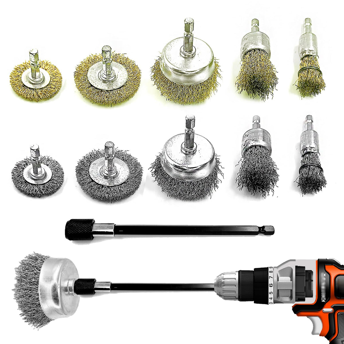 Daily Treasures 10 Pack Wire Wheel Cup Brush Set for Drill Abrasive with 1/4" Hex Shank, Extension Rod for Safty, Brass Coated Crimped Drill Sanding