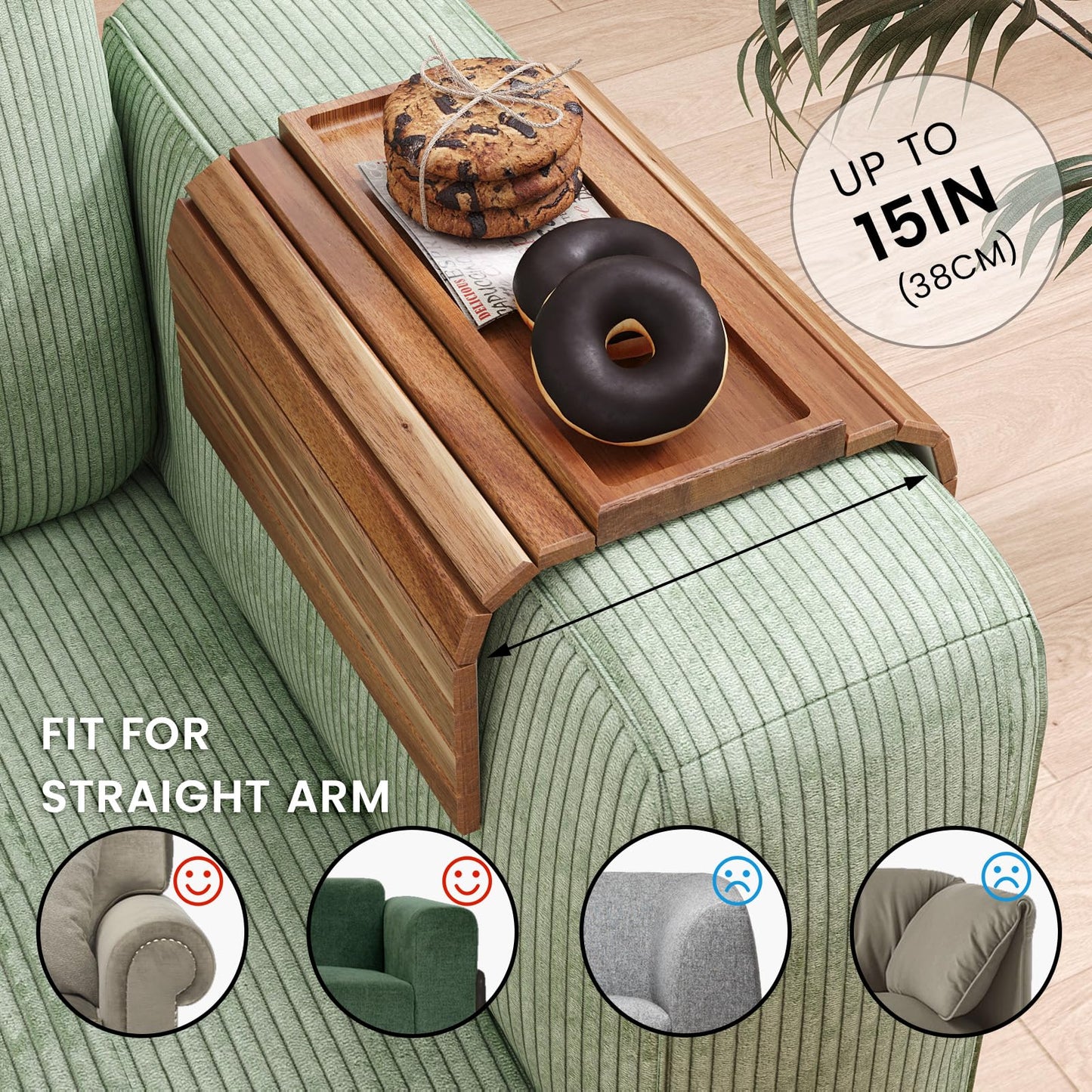 Fibogollo Sofa Arm Tray,Acacia Wood Folding Couch Arm Tray,1 pc Sofa Armrest Tray with Anti-Slip Pad for Drinks,Snacks,Phone,Remote Control