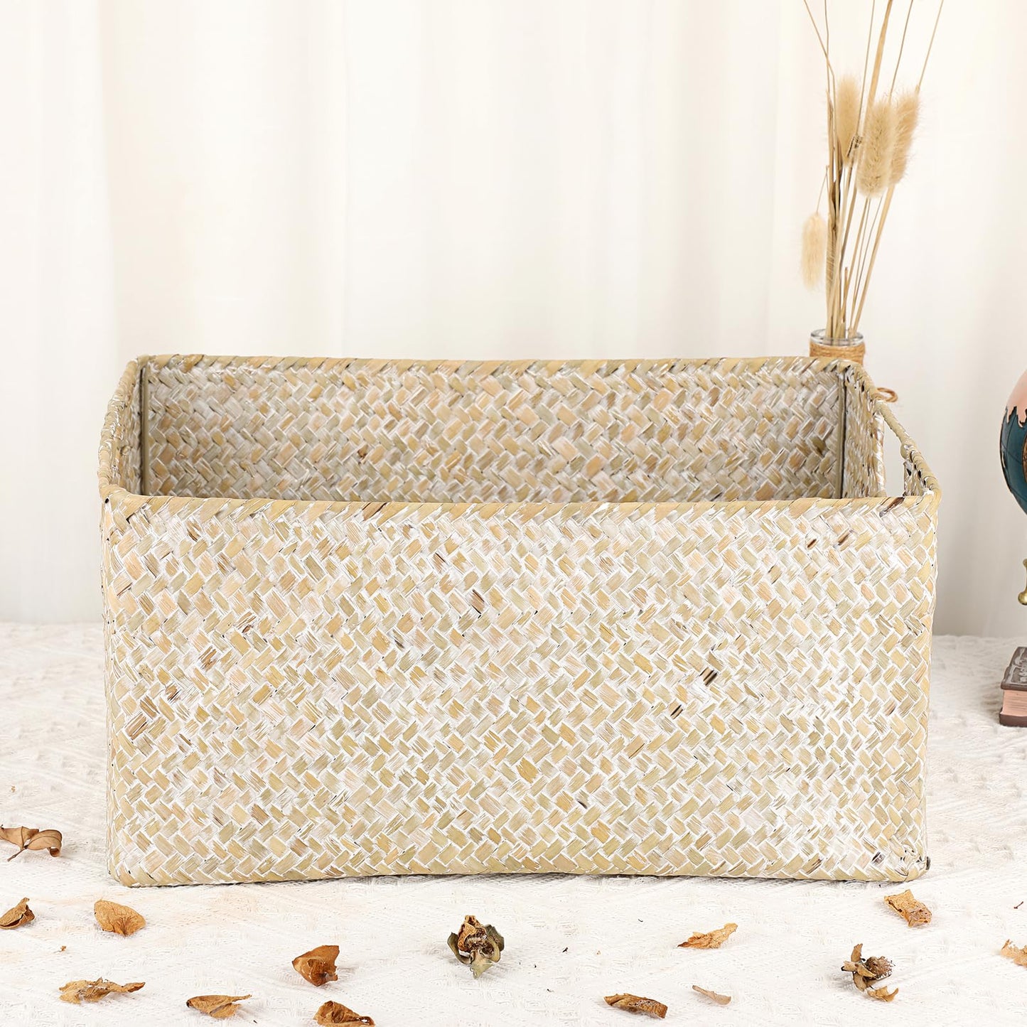 IGNPION Seagrass Storage Basket Woven Seagrass Desktop Rectangular Bathroom Storage Organiser Box