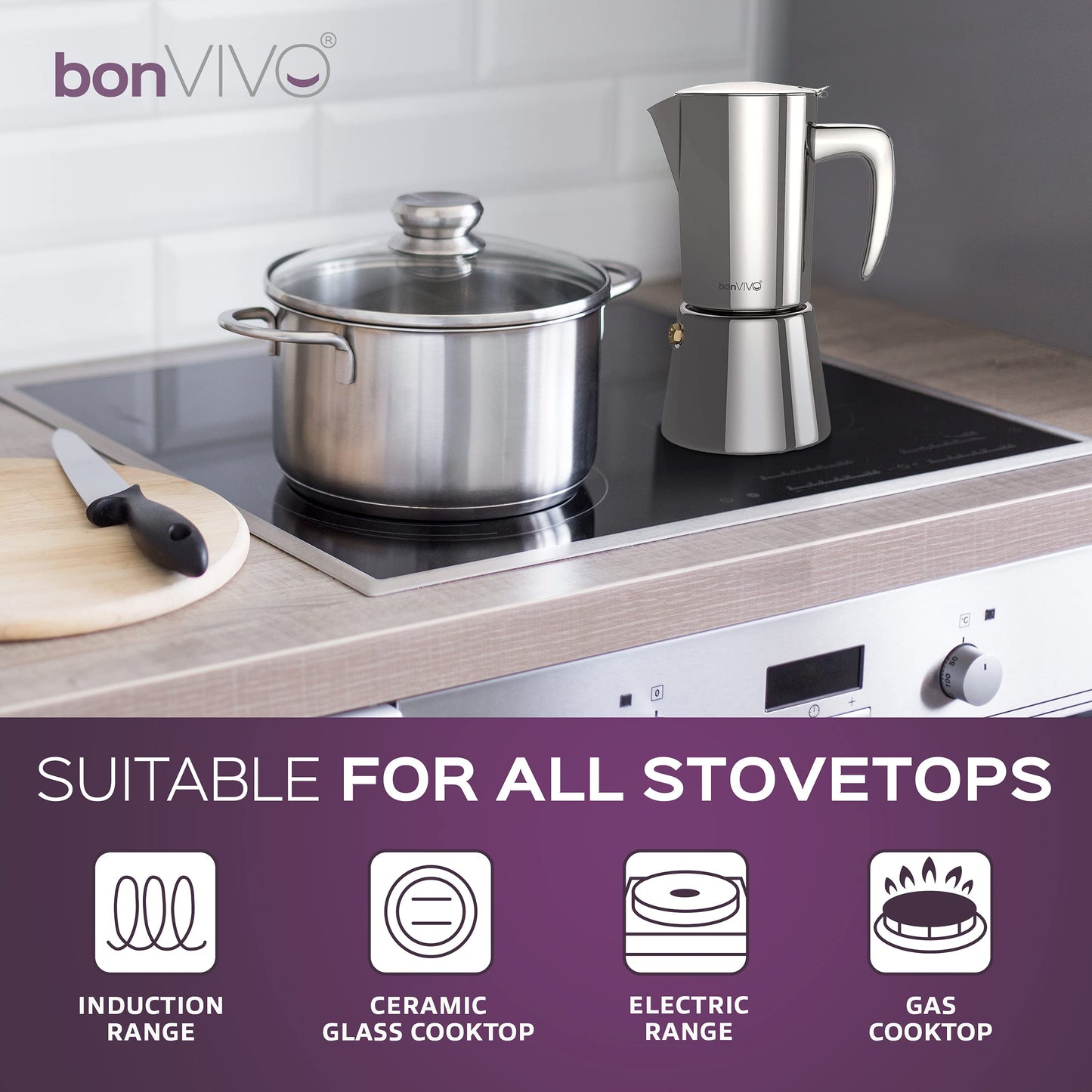 bonVIVO Moka Pot - 6 Cup Intenca Stainless Steel Espresso Maker w/Black Finish - Stove Top Italian Coffee Maker - 300ml Cup Coffee Pot - Gifts for Men