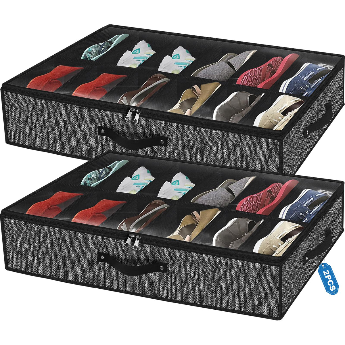 homyfort Under Bed Shoe Storage Organizer For Closet, Shoe Container Box Bedding Storage With Clear Cover Black Underbed Shoe Storage Set of 2