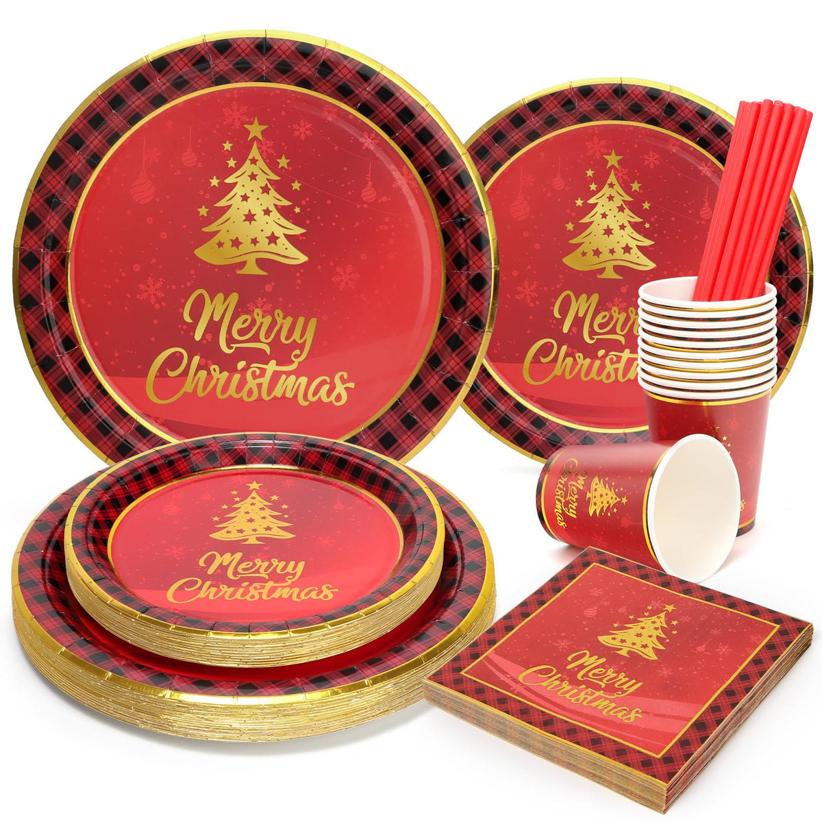 PARTY GO 125PCS Christmas Paper Plates and Napkins Cups with Straws, Party Tableware Christmas Tree Plates for Xmas Decorations Serves 25 Guests
