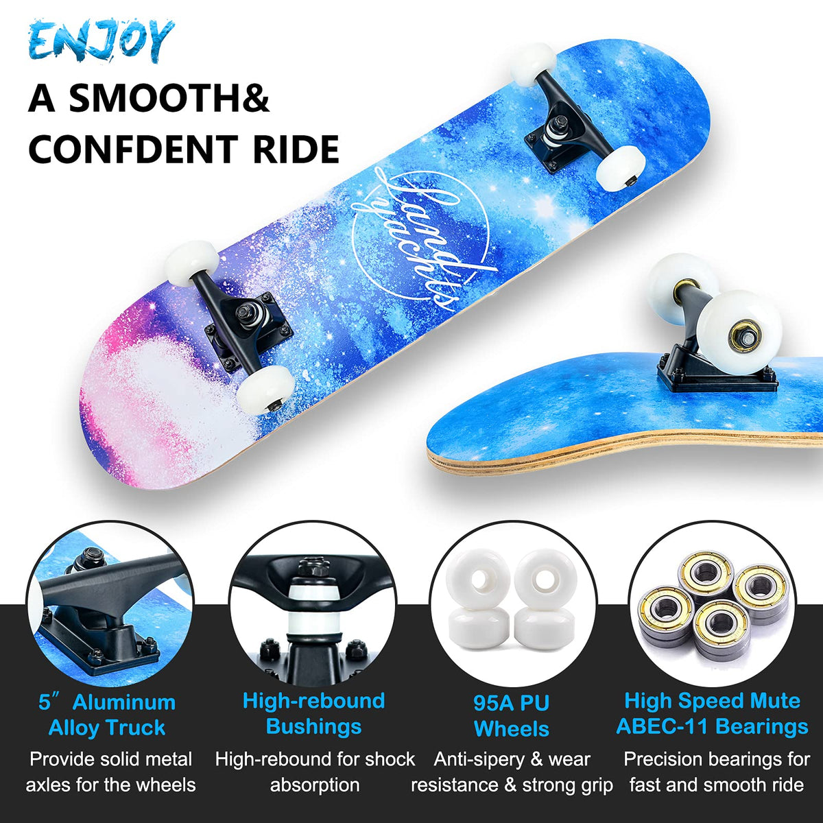Skateboard,31 x 8 Inch Complete Skateboard, 8-Layer Maple Wood Deck Double Kick Standard Skateboards for Kids, Teens, Adult, Beginner (Sky)