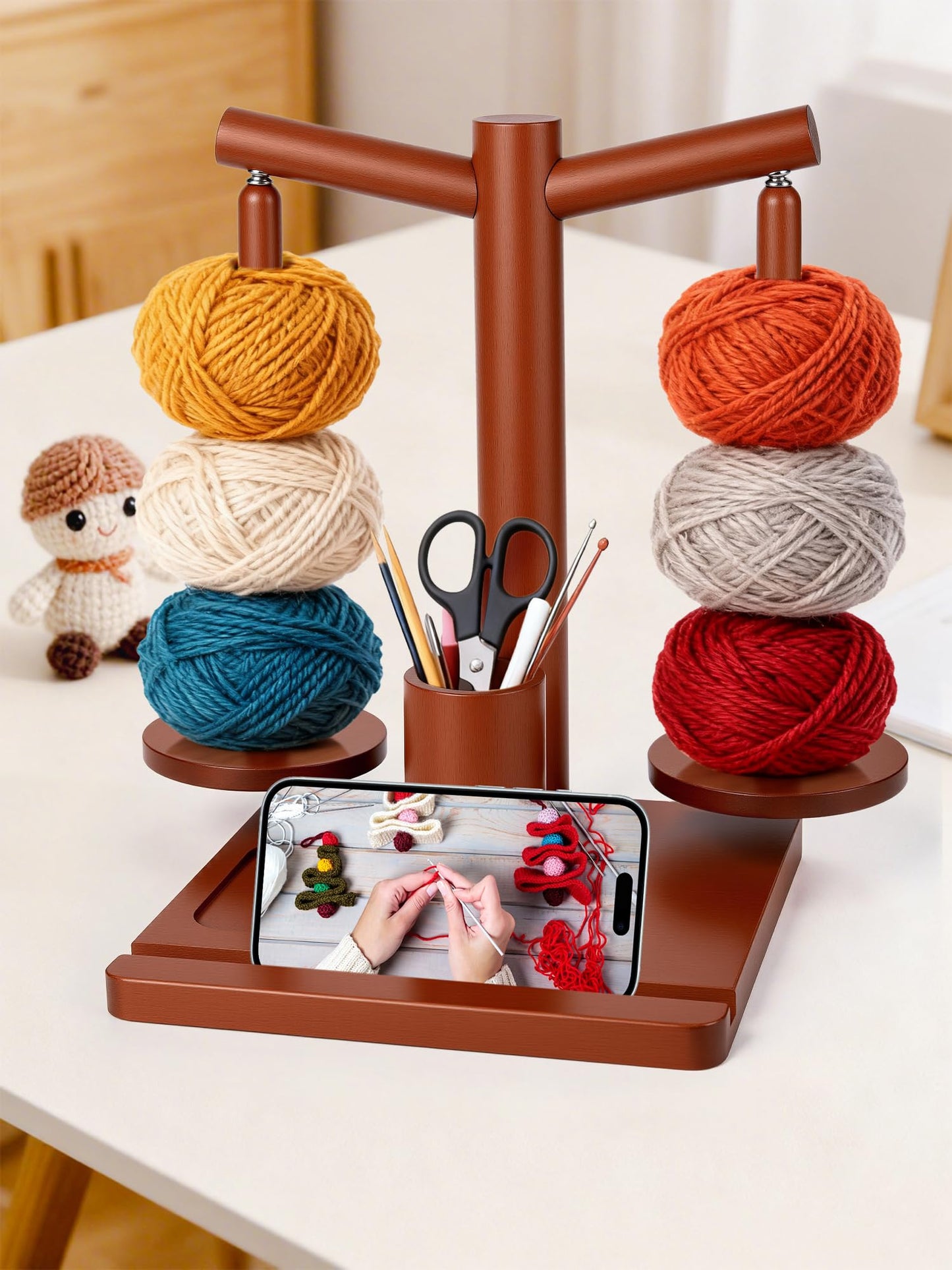 Homgaty Magnetic Yarn Holder - Wooden Yarn Ball Holder with Rotating Magnetic Rods for Knitting & Crocheting, Includes Phone Stand, Storage