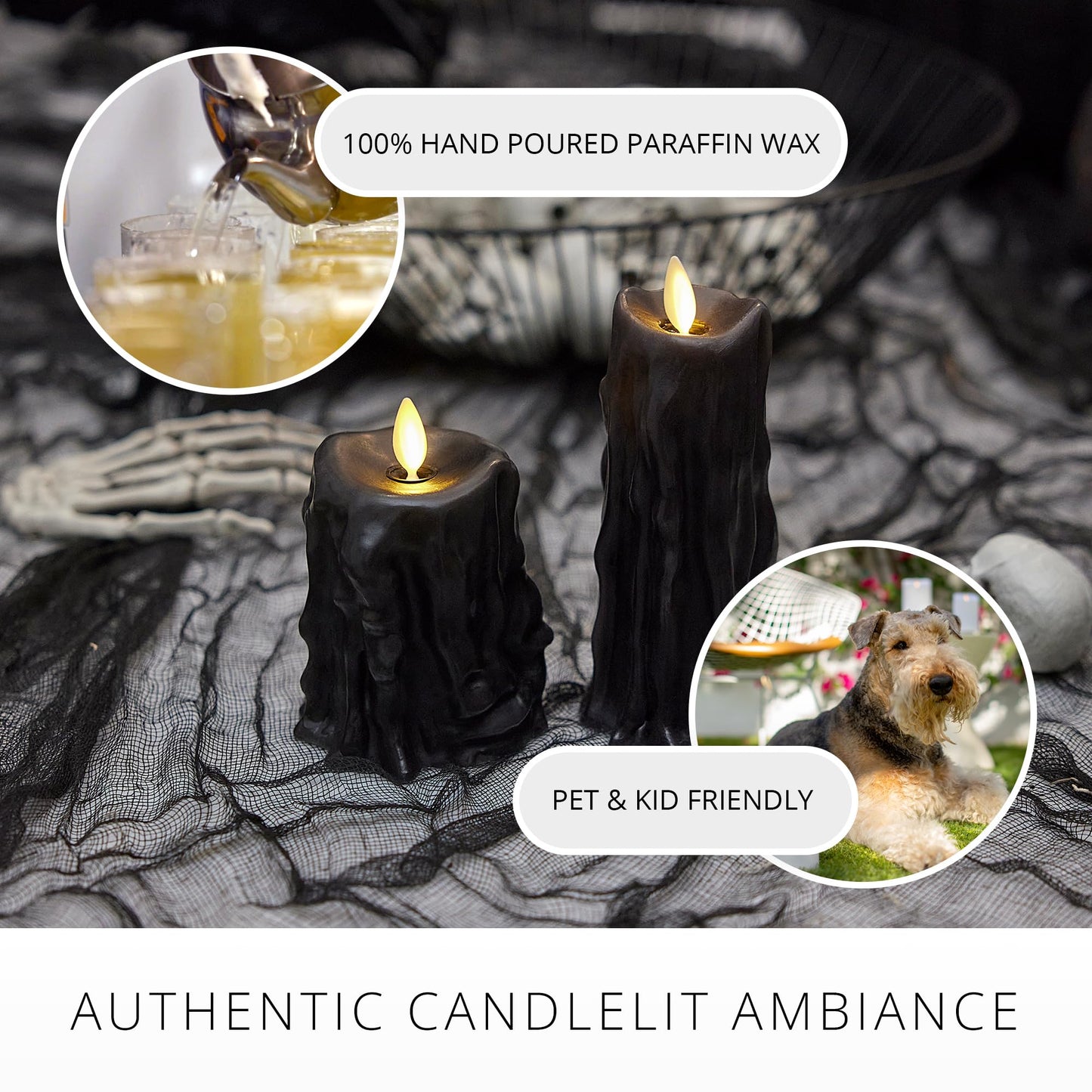 Luminara Heavy Wax Drip Flameless LED Candle, Black 2.5" x 6.5", Timer Function, Real Wax Pillar, Battery Operated Unscented Safe, Long-Lasting