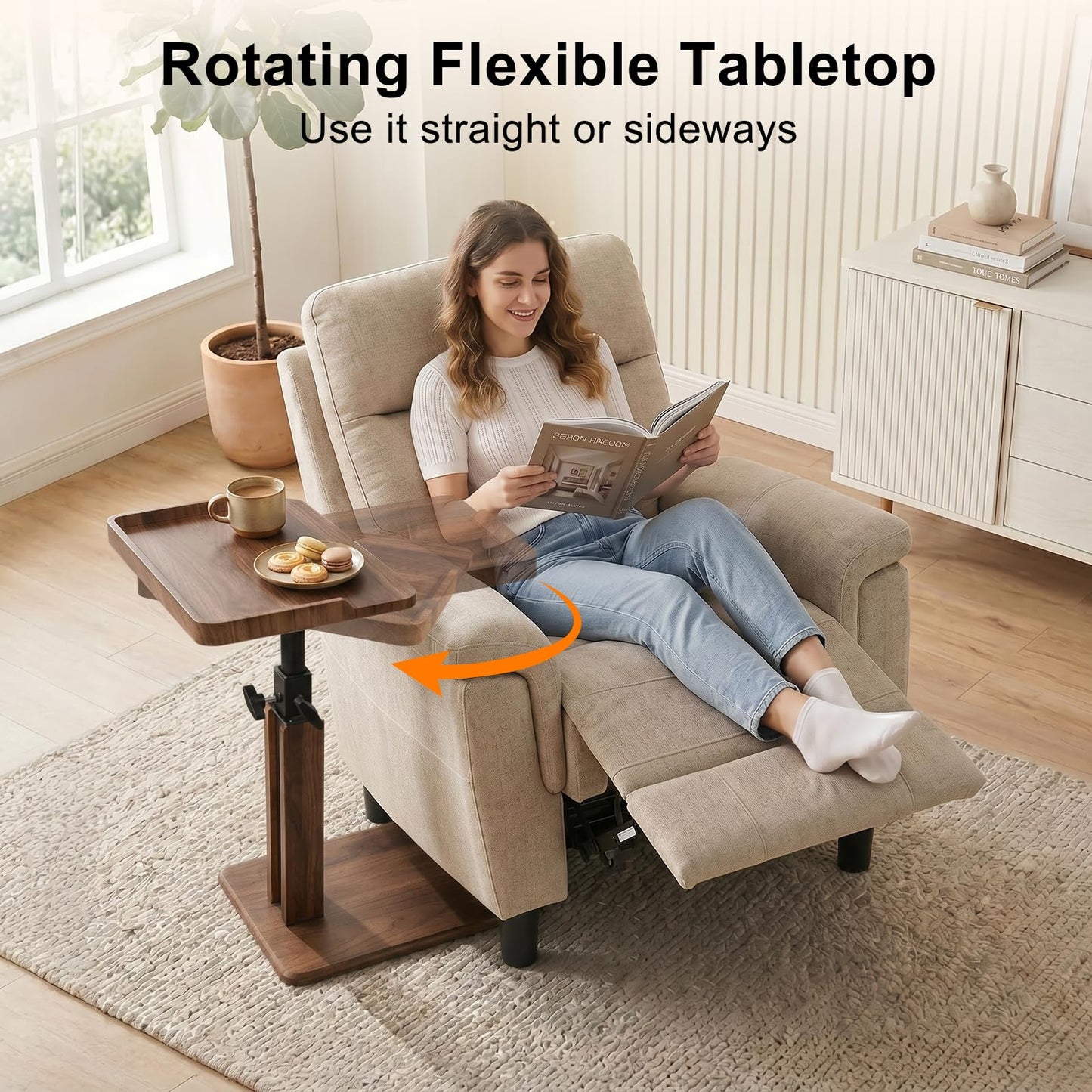 Bingyouth C Shaped Side Table for Sofa, Height Adjustable 45-80 cm Walnut Sofa Table with Raised Tray Edges, End Table for Living Room