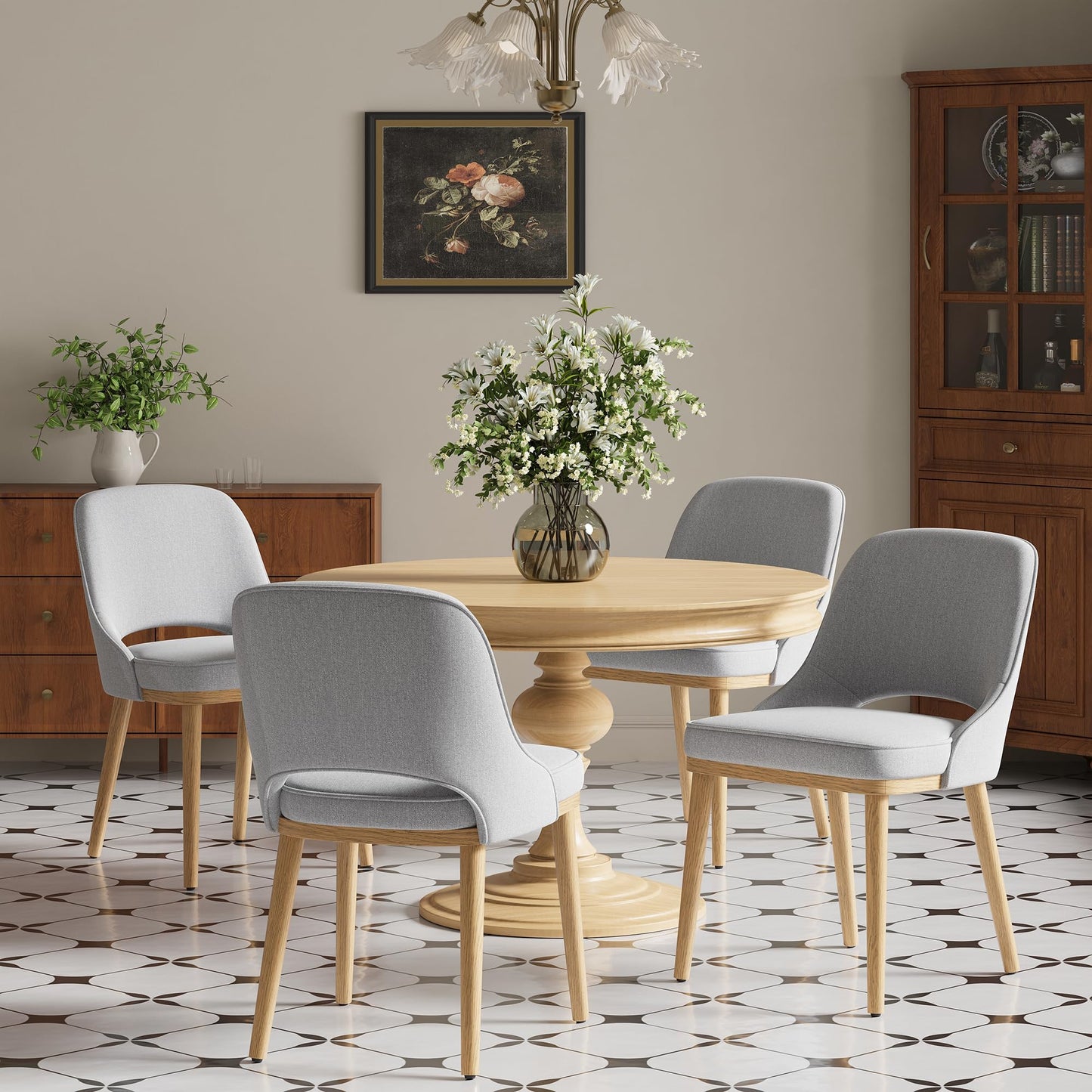 Dining Chairs Set of 4, Upholstered Dining Room Chairs with Chenille Fabric, Ergonomic Backrest, High Density Cushion & Rubber Wood Frame