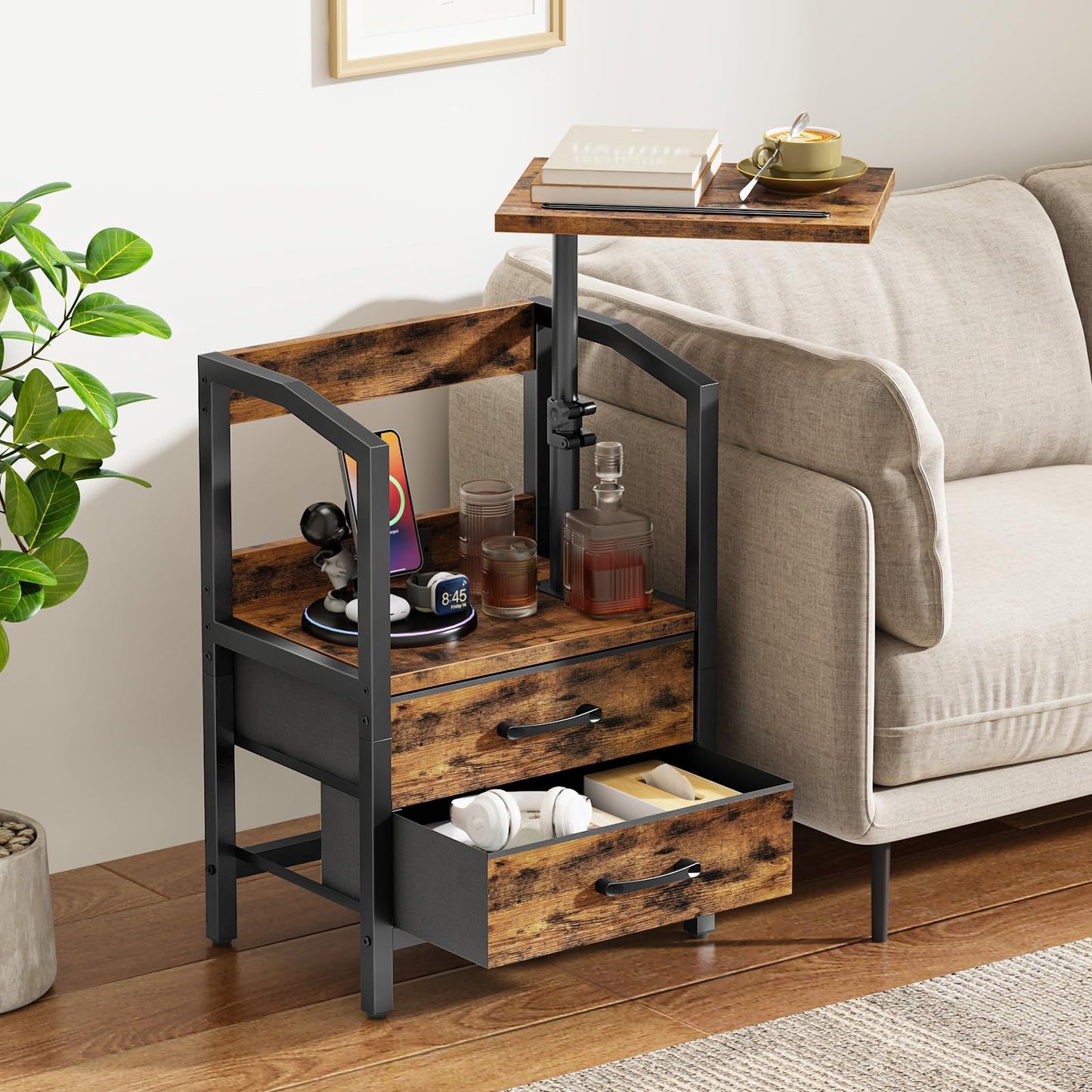 HOOBRO Bedside Table with Charging Station, Swivel Lift Top Nightstand, Height Adjustable, Side Table with 2 Drawers and Tablet Slot