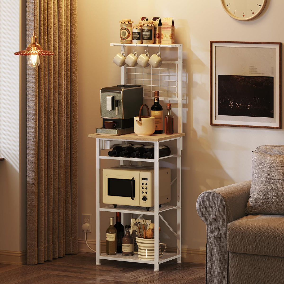 MAHANCRIS Bakers Rack, Microwave Stand with Power Outlet, Coffee Bar Station with Wine Rack and Hooks, Kitchen Storage Shelf