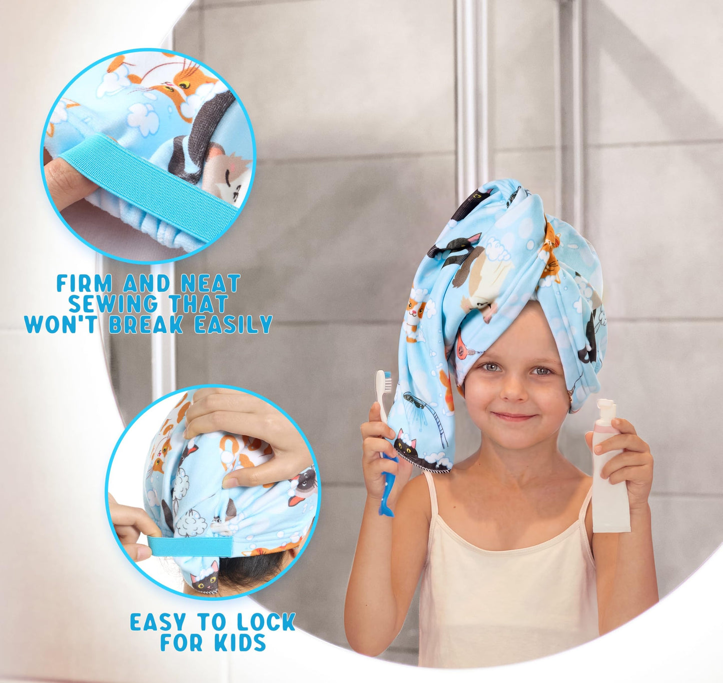 WAWSAM 2 Pack Kids Hair Towel Wrap for Girls, Microfibre Hair Turban Towel Fast Drying, Hair Towel Wrap with Elastic Strap for Long Hair