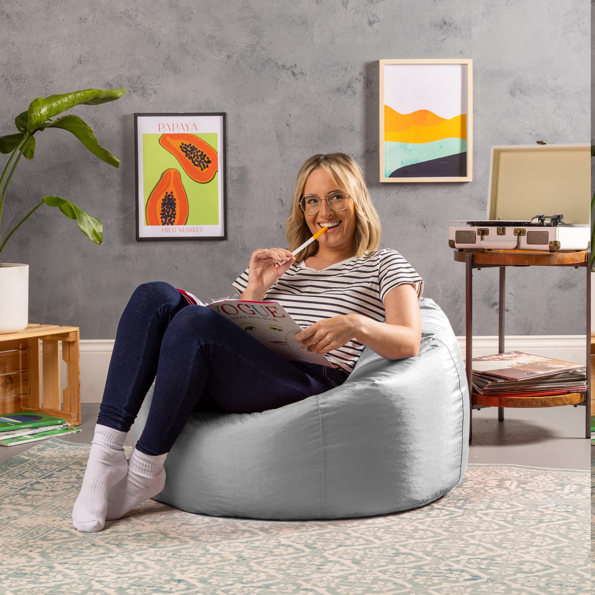 Bean Bag Bazaar Outdoor Bean Bag, Grey, Water Resistant Fabric, Large Beanbag with Filling Included, Floor Chair, Garden Chair, Outdoor Seating,