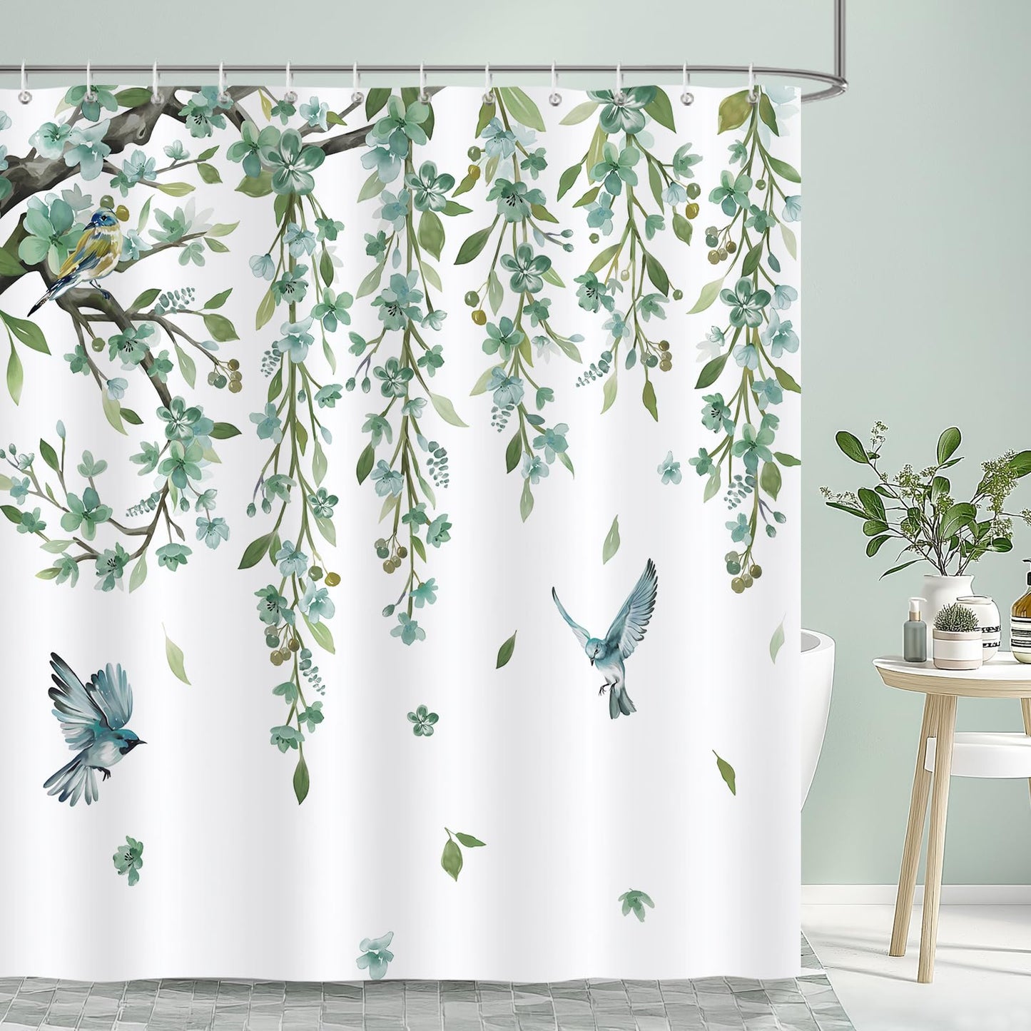 Bonhause Eucalyptus Leaves Hummingbird Shower Curtain, Sage Green Leaf with Floral Bathroom Curtain 180 x 180 cm Waterproof Mildew and Mould Resistant