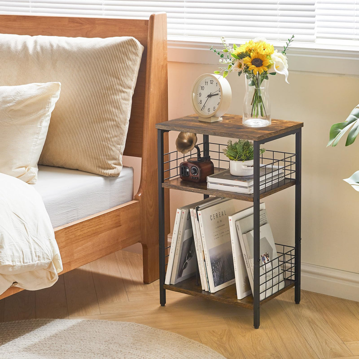 YMYNY 3 Tier End Table, Record Player Stand with Storage, Industrial Tall Side Table, Small Bookshelf, Bookcase, Display Rack, Telephone Table for