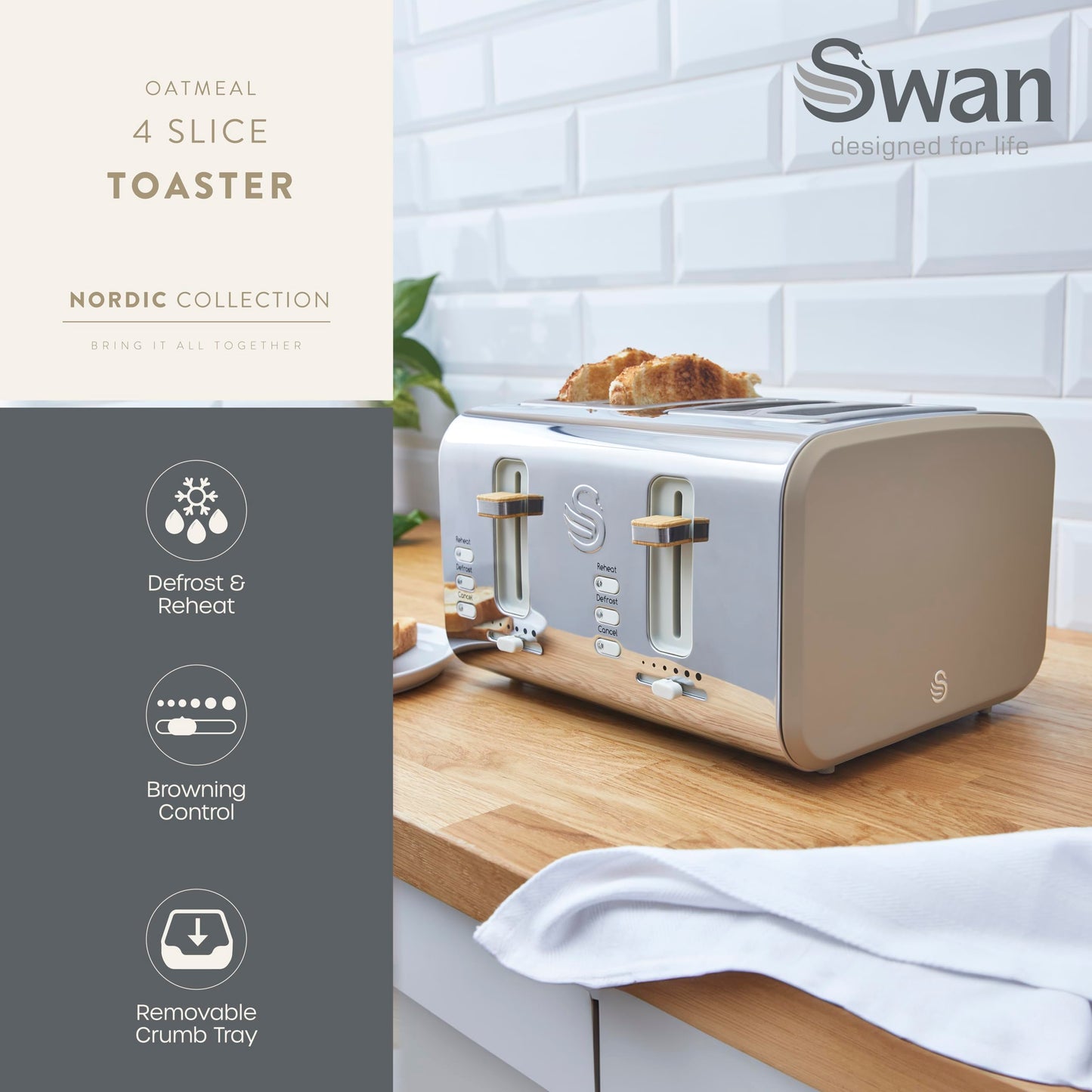 Swan ST14620OAT Nordic 4 Slice Toaster with 6 Browning Levels, Defrost/Reheat/Cancel, Removable Crumb Trays, Cord Storage, 1500W, Oatmeal
