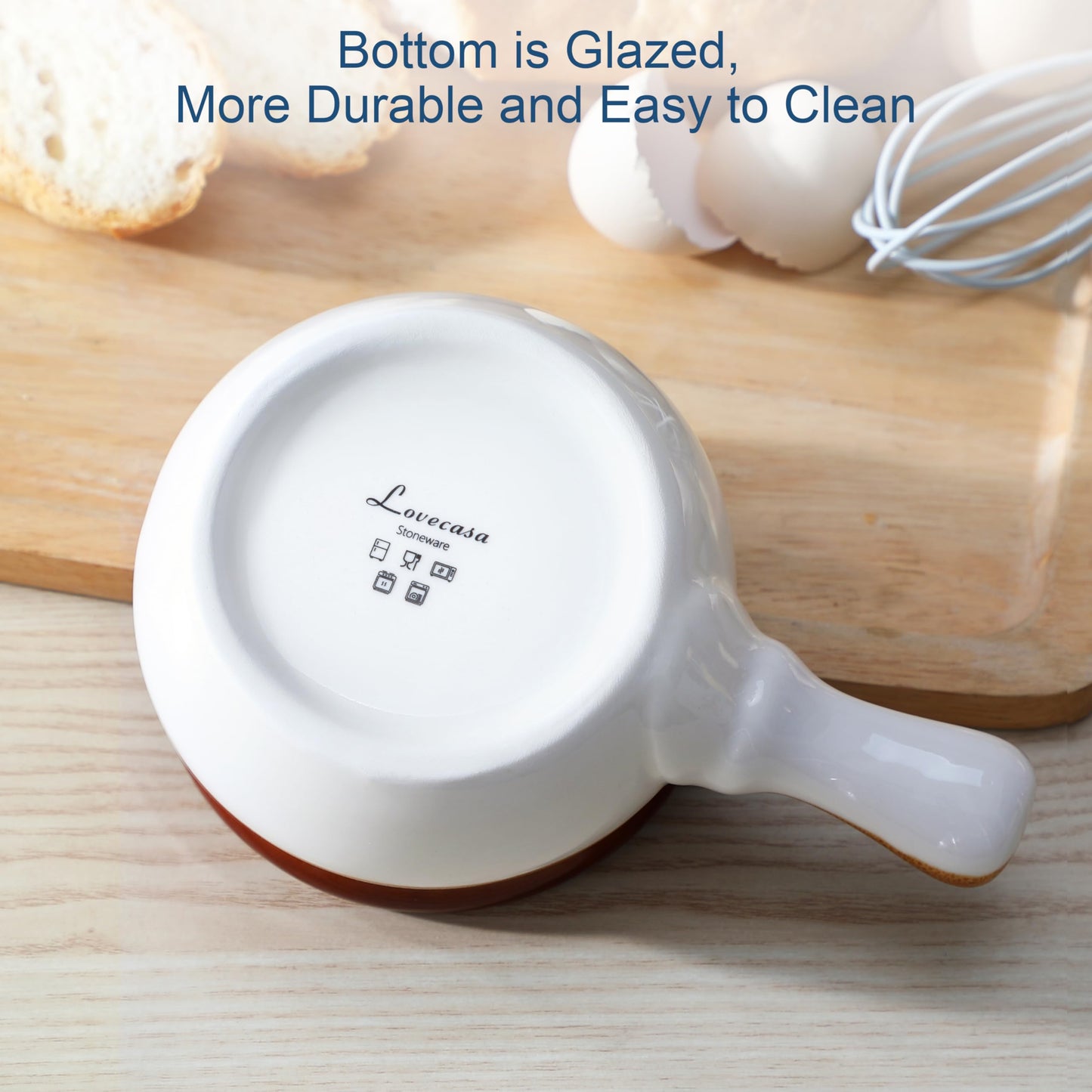 LOVECASA 16 OZ French Onion Soup Crocks with Lid,Porcelain Soup Bowls with Extended Handle,Serving Bowls for Chili, Beef Stew, Cereal, Pot Pies,