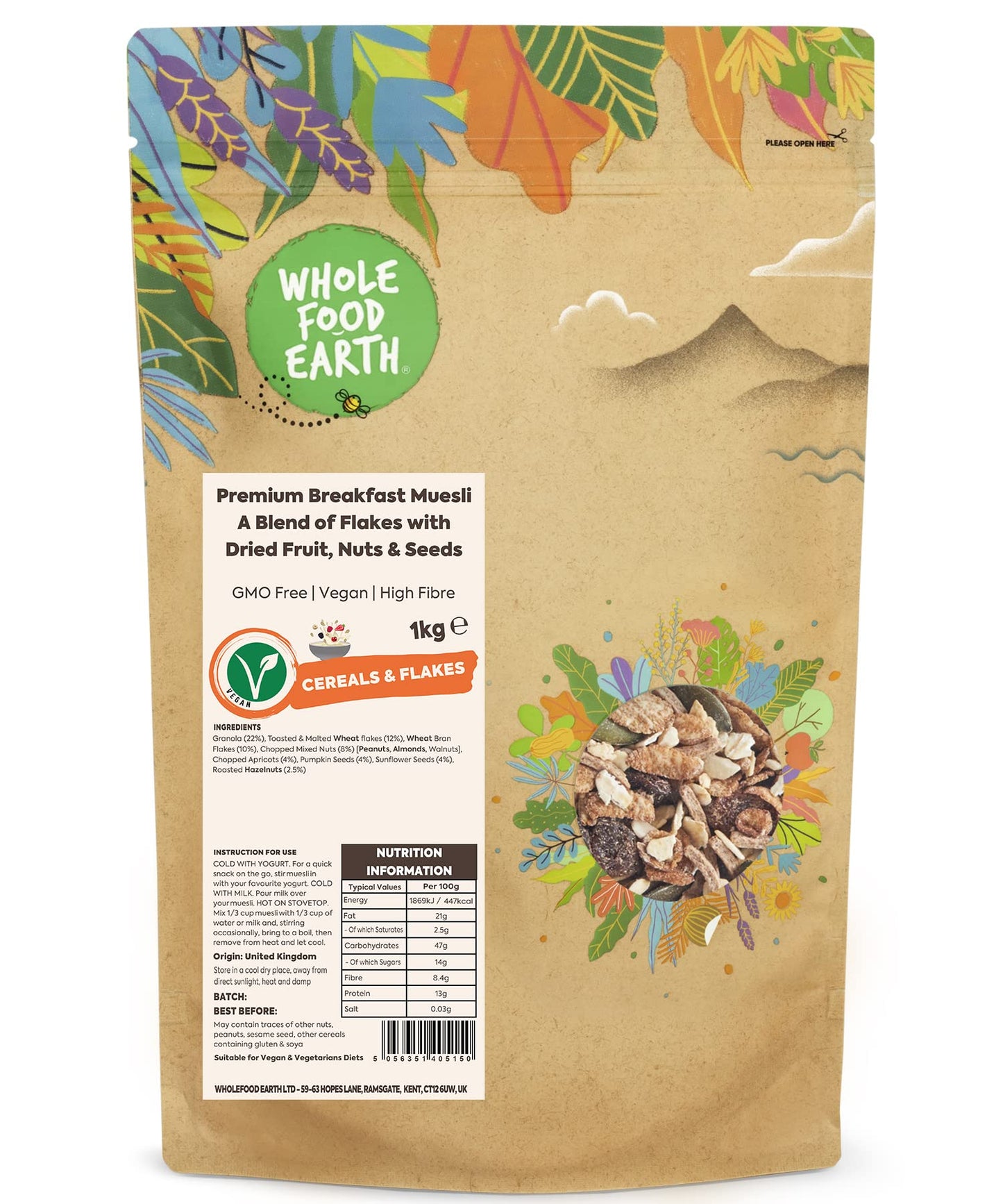 Wholefood Earth Premium Breakfast Muesli A Blend of Flakes with Dried Fruit, Nuts and Seeds 1 kg | GMO Free | High Fibre