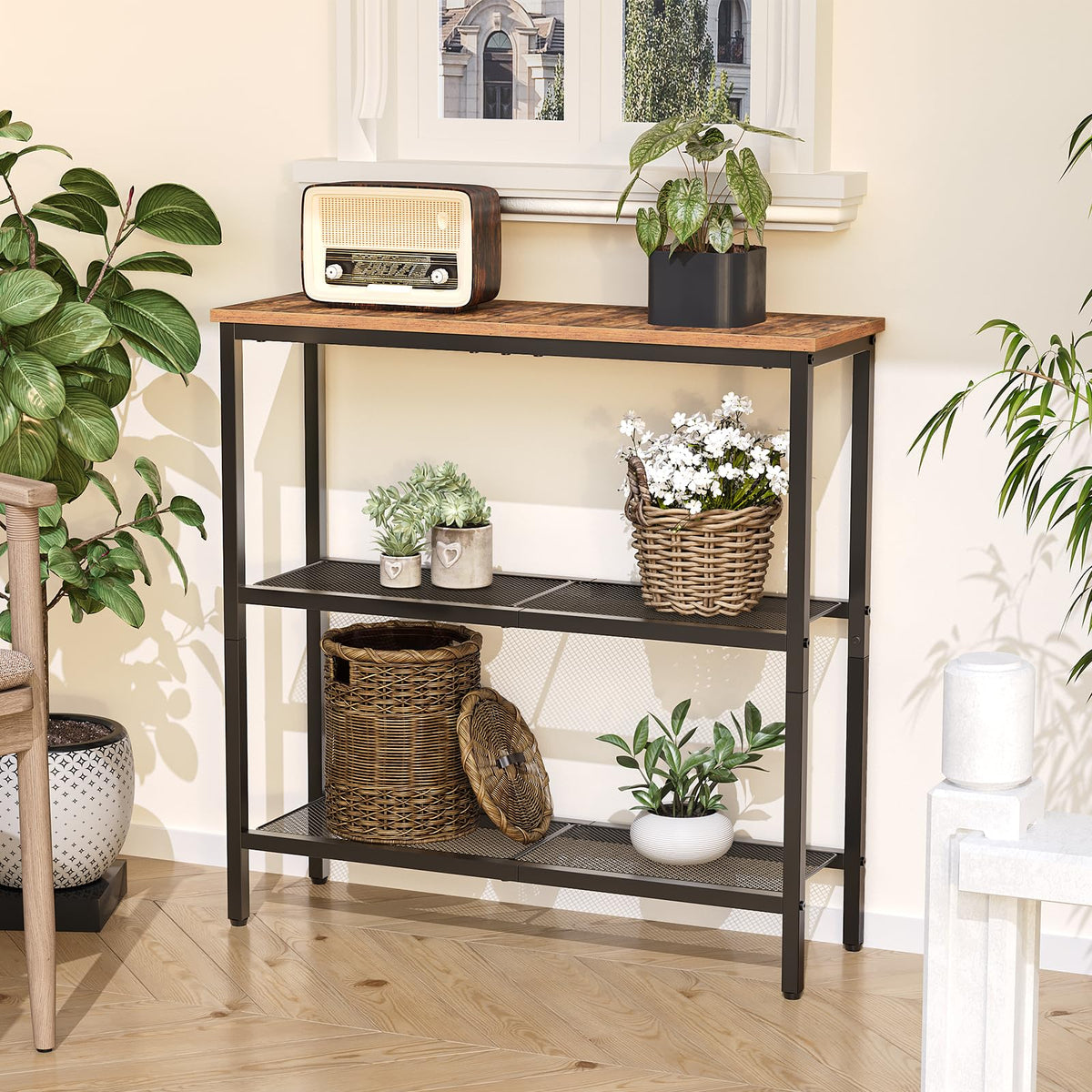 HOOBRO Console Table for Hallway Slim, Narrow Console Table, Hallway Table with 3 Shelves, Slim Sofa Table for Small Spaces, Living Room, Metal Mesh