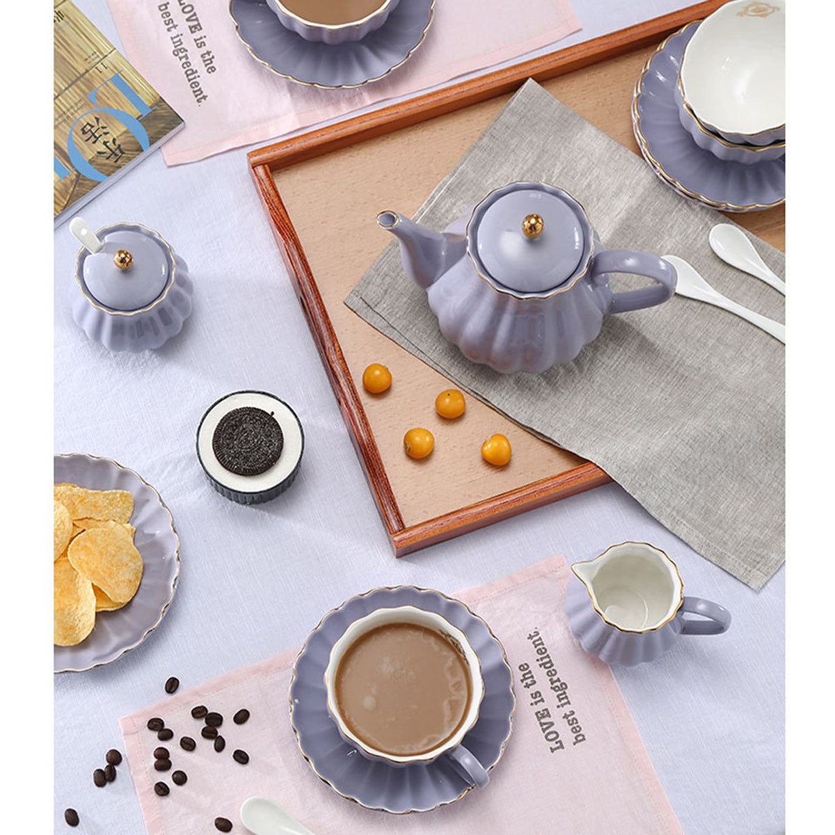 Sweejar Home Porcelain Tea Set Royal Family 225 ml Cups and Saucers for Wedding Ceramic Porcelain Tea Cup Set (Purple)