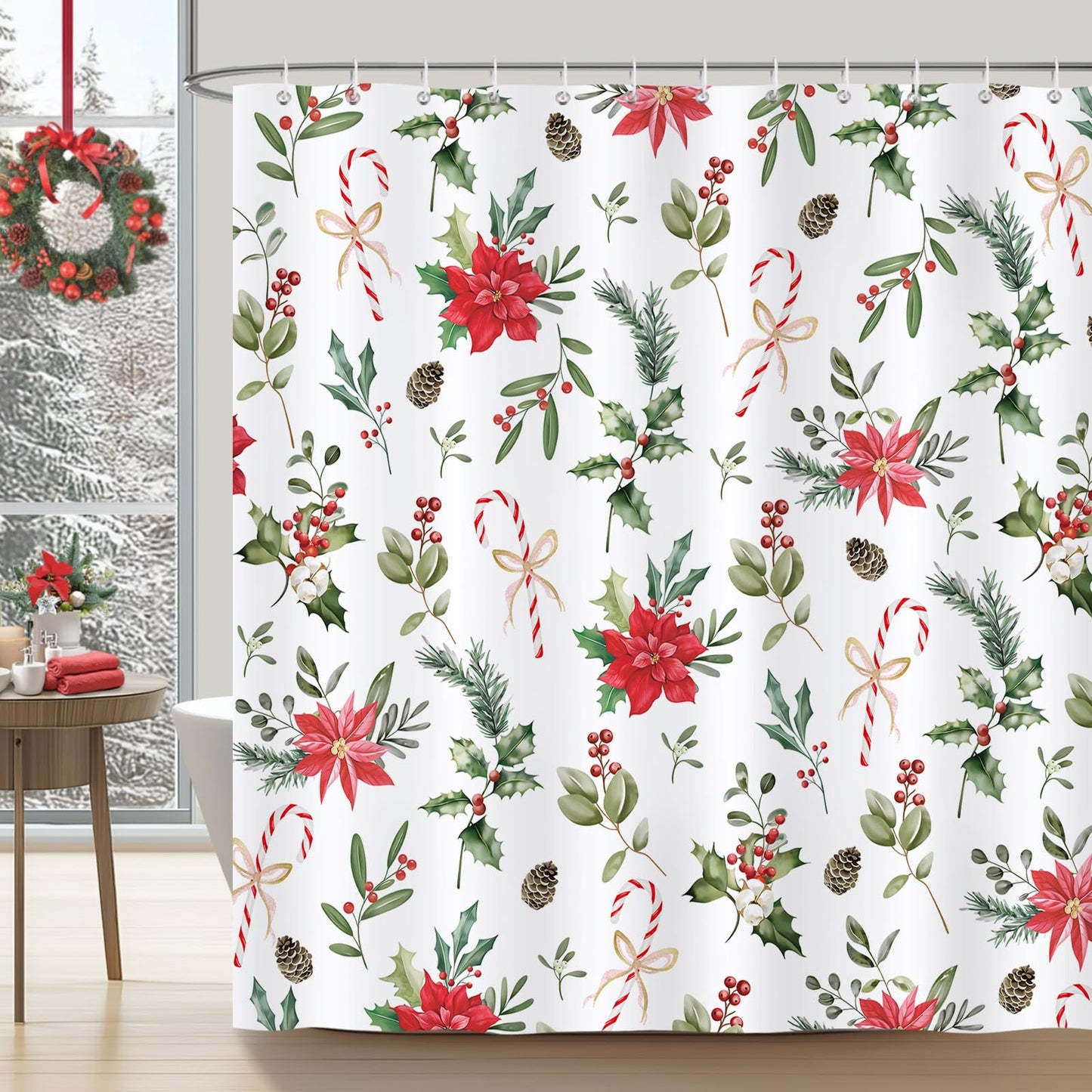 Bonhause Christmas Poinsettia Shower Curtain, Red Xmas Floral Leaves Bathroom Curtain 180 x 180 cm Waterproof Mildew and Mould Resistant Polyester