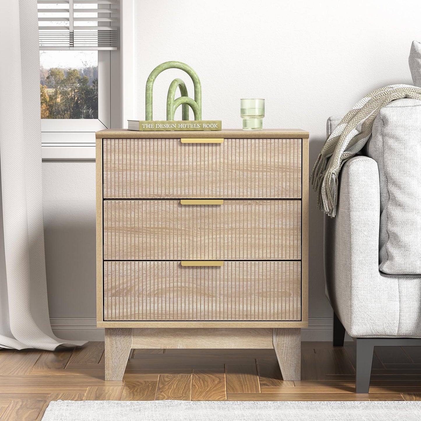 Yvsevnr Fluted Bedside Tables with 2 Drawer, Flexible Open Compartment, Wooden Sofa Side Table End Tables with Metal Handle Nightstand for