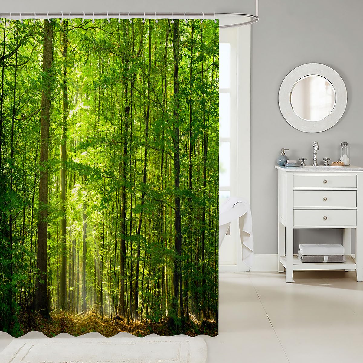 Loussiesd Woodland Shower Curtain 180x240cm Summer Forest Waterproof Shower Curtain Woodland Nature Jungle Waterproof Fabric Bathroom Sunlight