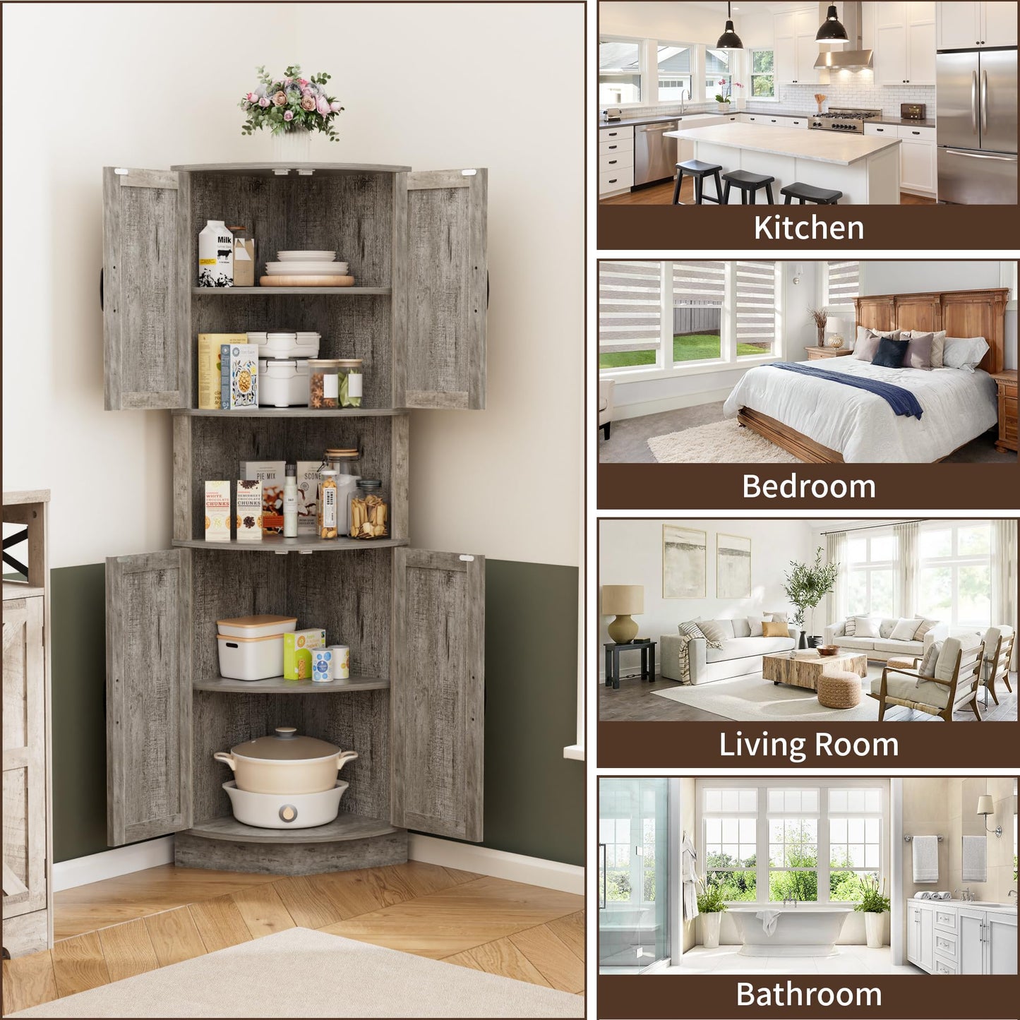 BonVache 165cm Tall Corner Storage Cabinet with Barn Doors, 5-Tier Farmhouse Corner Cabinet for Living Room, 4 Wooden Doors and 5 Shelves