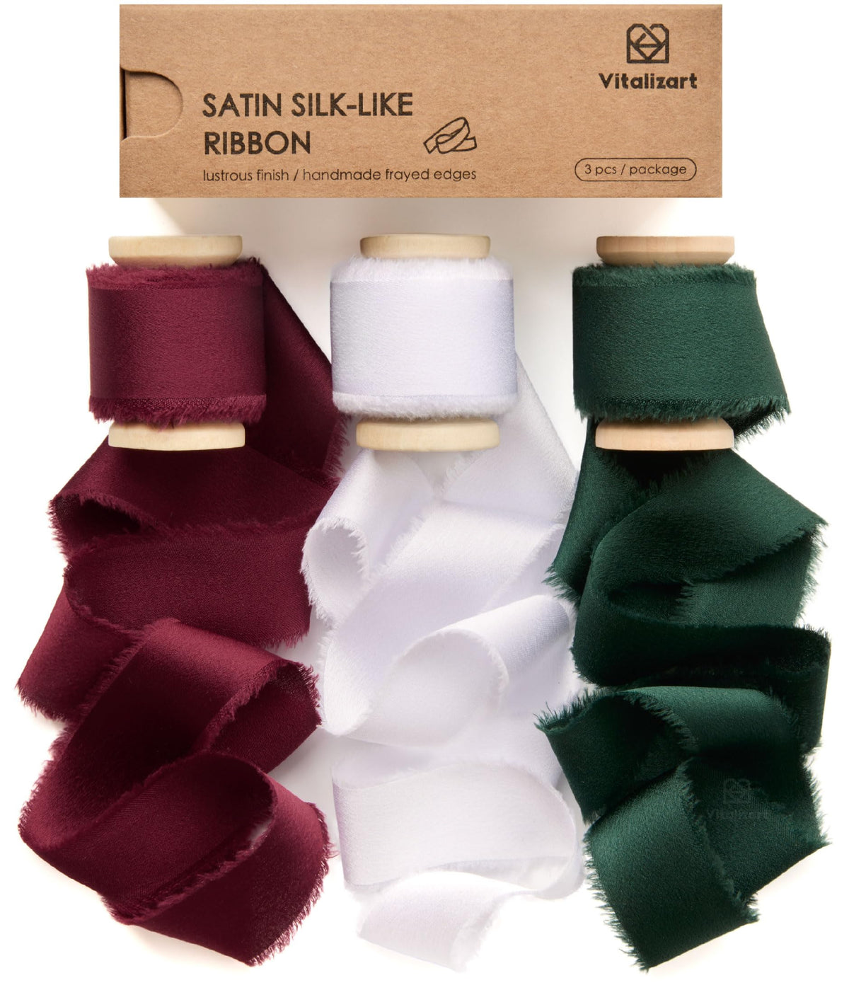 Vitalizart Burgundy & White & Dark Green Silky Satin Ribbon 1'' x 15 Yard Wooden Spool, Handmade Frayed Ribbon for Gift Wrapping Wedding Bridal