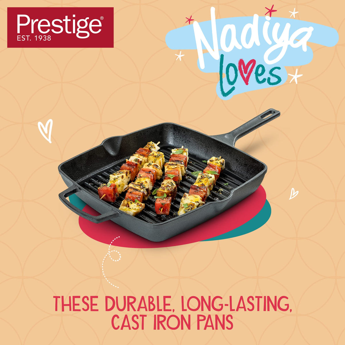 Prestige x Nadiya Cast Iron Griddle Pan - Pre Seasoned Square Cast Iron Pan 25cm, Induction suitable, BBQ & Oven Safe, Toxin Free Cast Iron Skillet