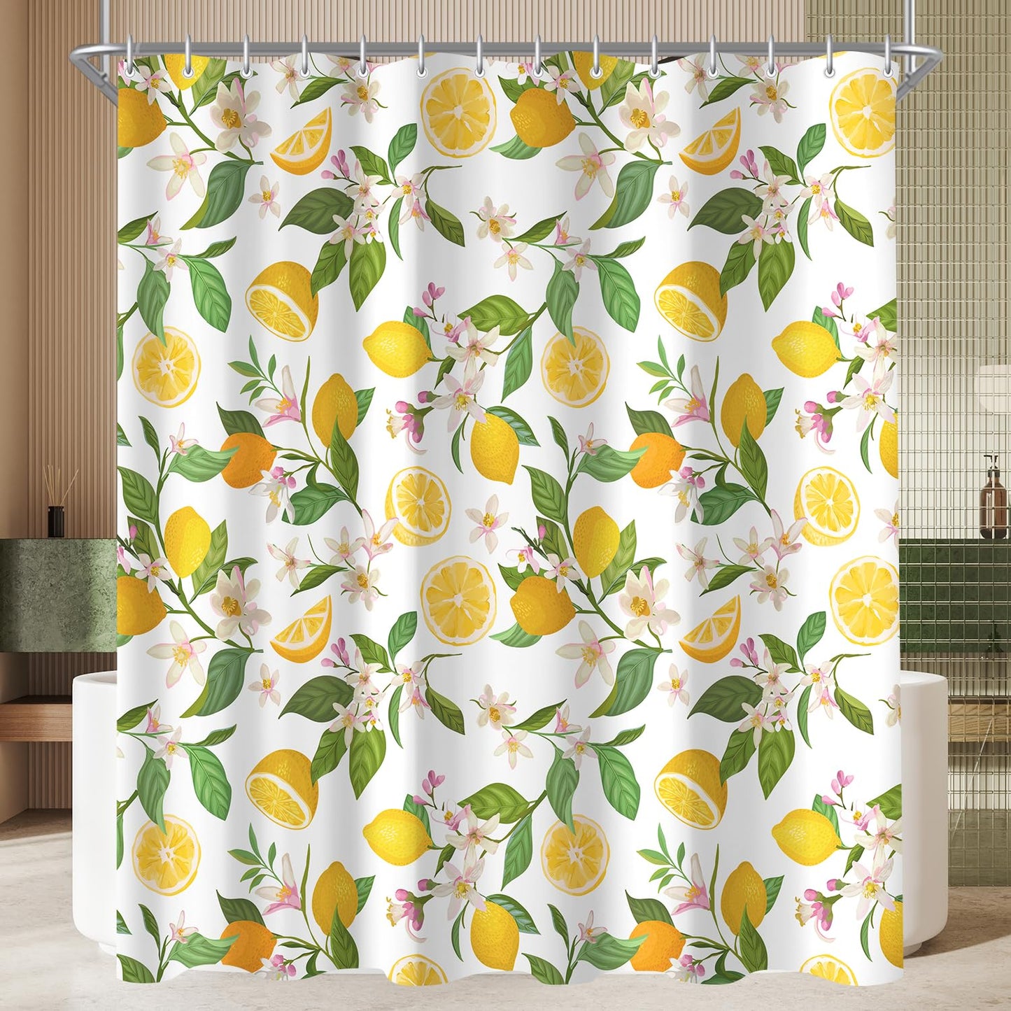 Lerores Shower Curtain, 180 x 200 cm, Lemon Leaves, Weighted Hem, Anti-Mould, Water-Repellent, Washable Polyester Bath Curtains with 12 Eyelets and