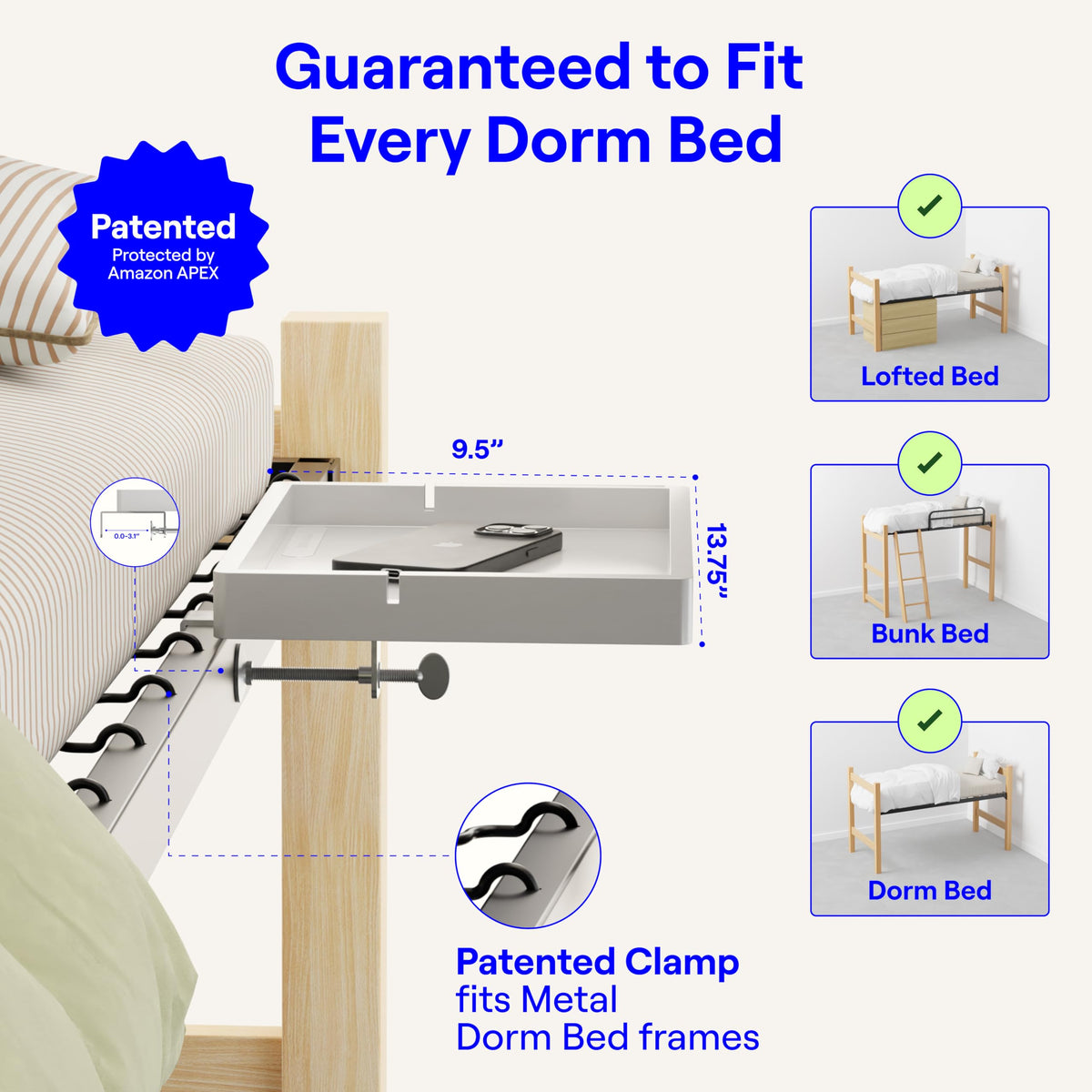 BedShelfie Bedside Shelf for Bunk Bed & Top Bunk, College Dorm Room Essentials, Loft Nightstand, Floating Bed Side Table Tray Storage