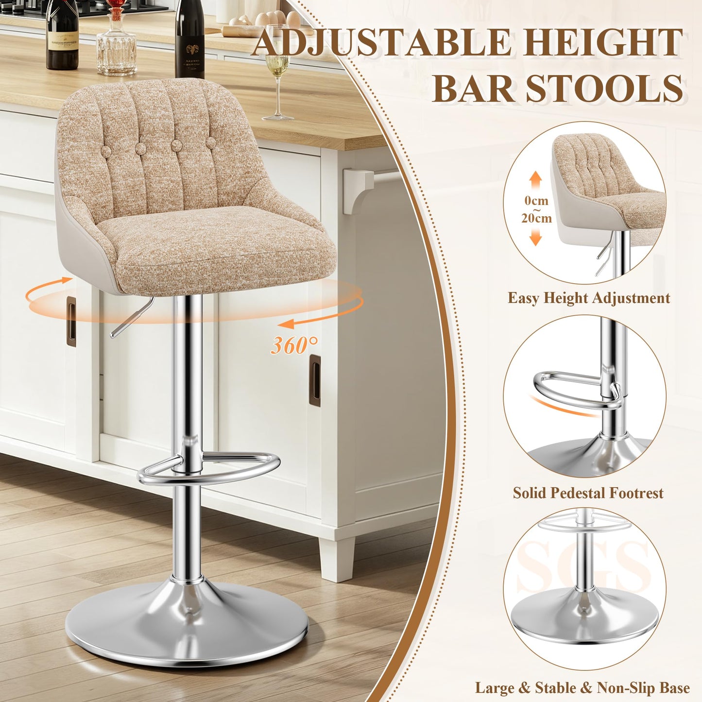 MALOL Adjustable Bar Stools Set of 6, Swivel Counter Stools with Backrest, Chenille & Faux Leather Upholstered Bar Chairs
