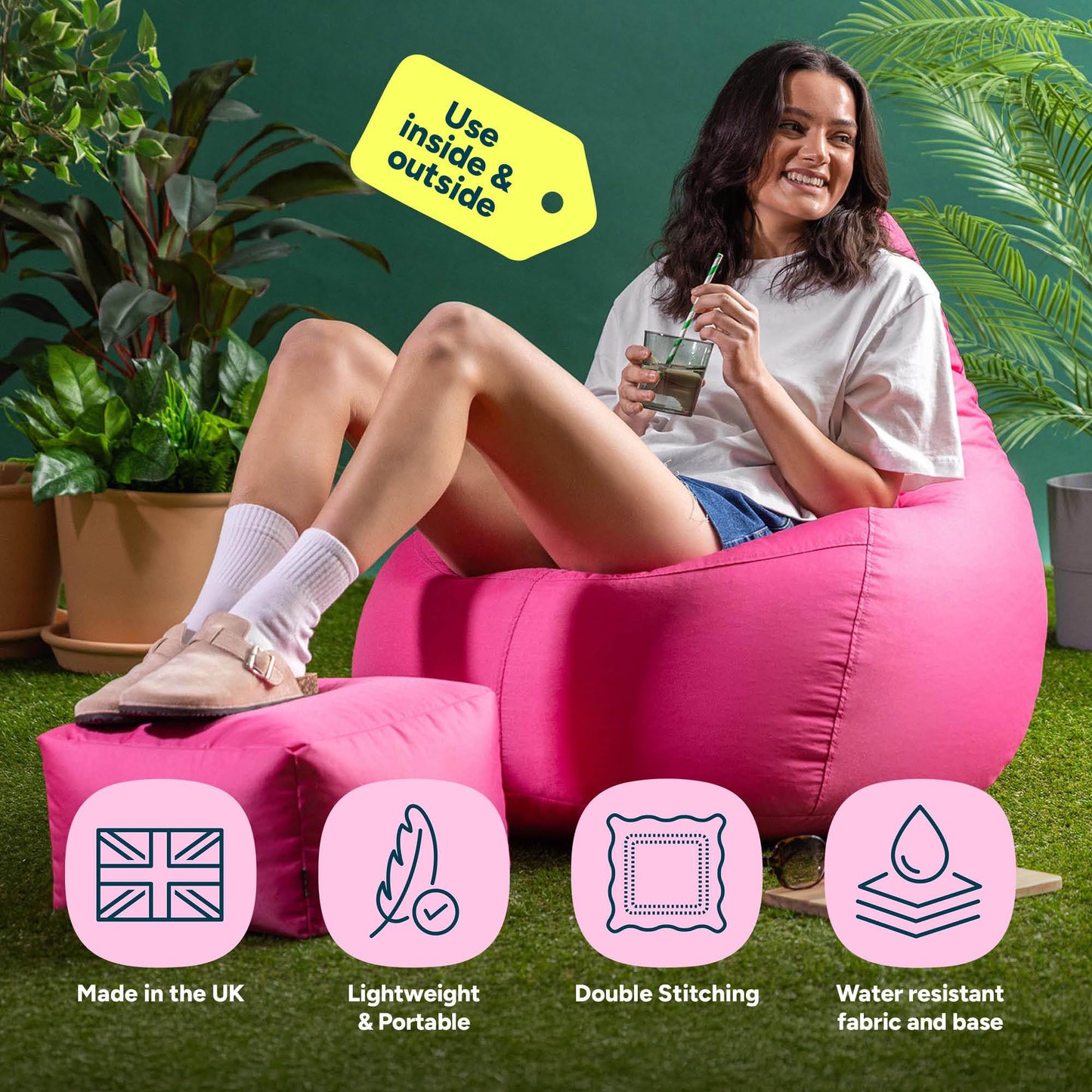Bean Bag Bazaar Outdoor Bean Bag & Footstool with Filling Included, Pink