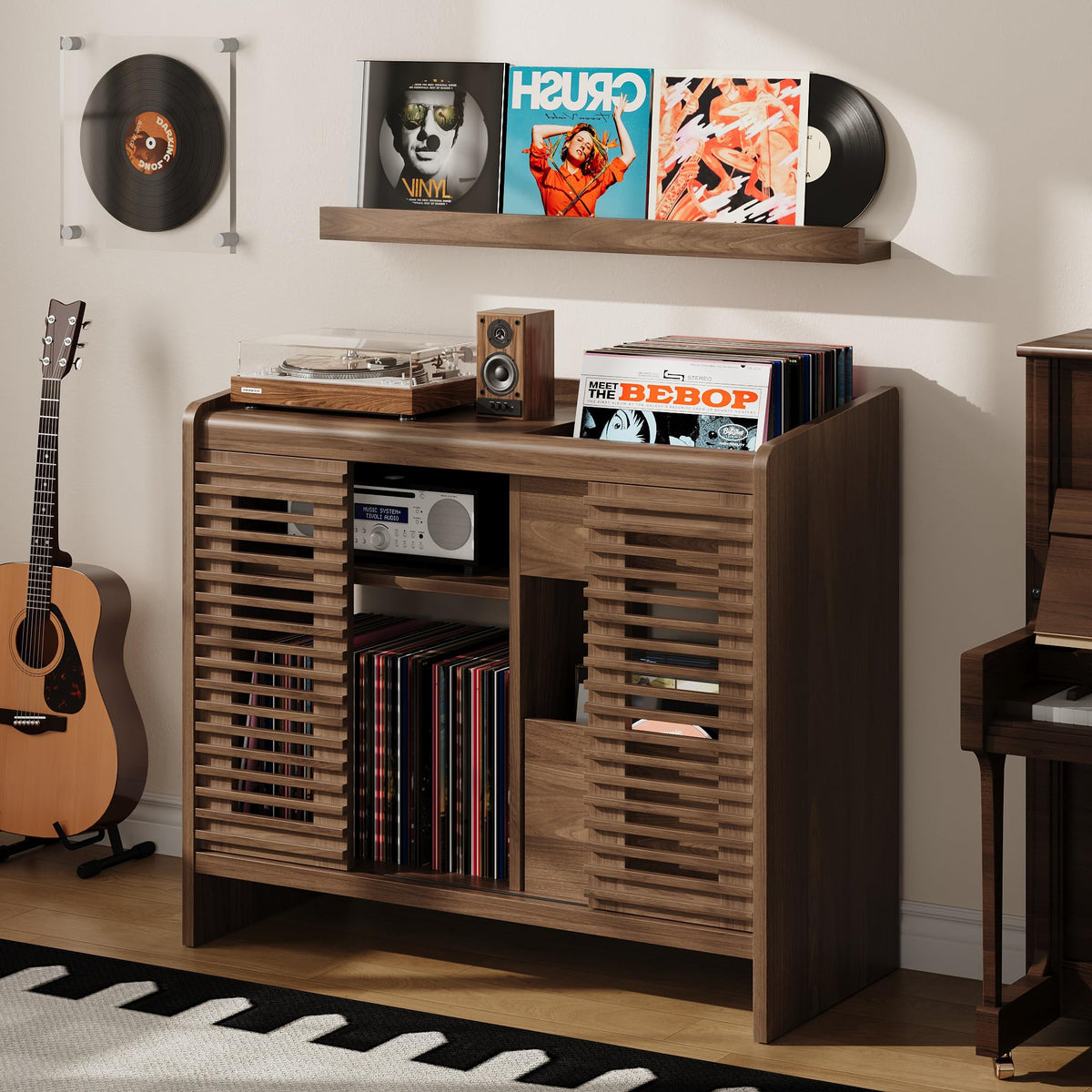 IRONCK Vinyl Record Player Stand with Wall Mount, Vinyl Record Storage Stand with Charging Station