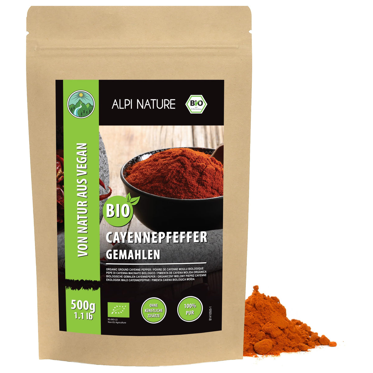 Alpi Nature Organic Cayenne Pepper Powder 500g 1.1 lb, Ground Cayenne Chilli Pepper, Hot Chilli Powder