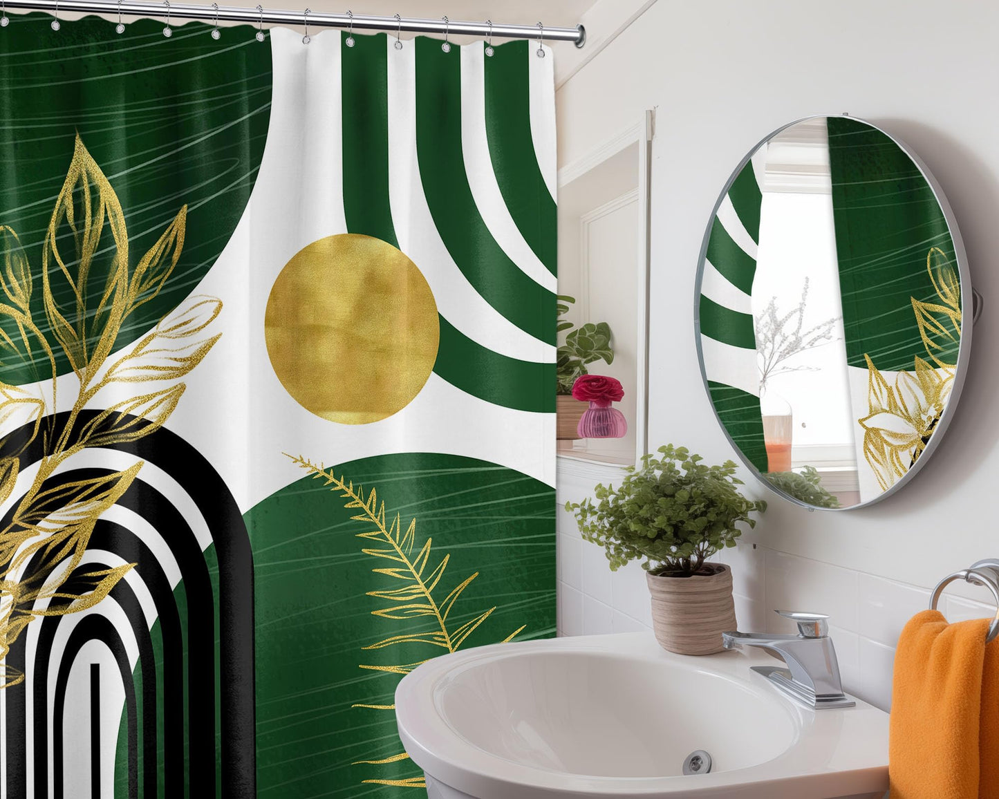 LanZanthic Dark Green Boho Shower Curtains for Bathroom Green and Gold Abstract Mid Century Modern Wet Room Shower Curtain with hooks