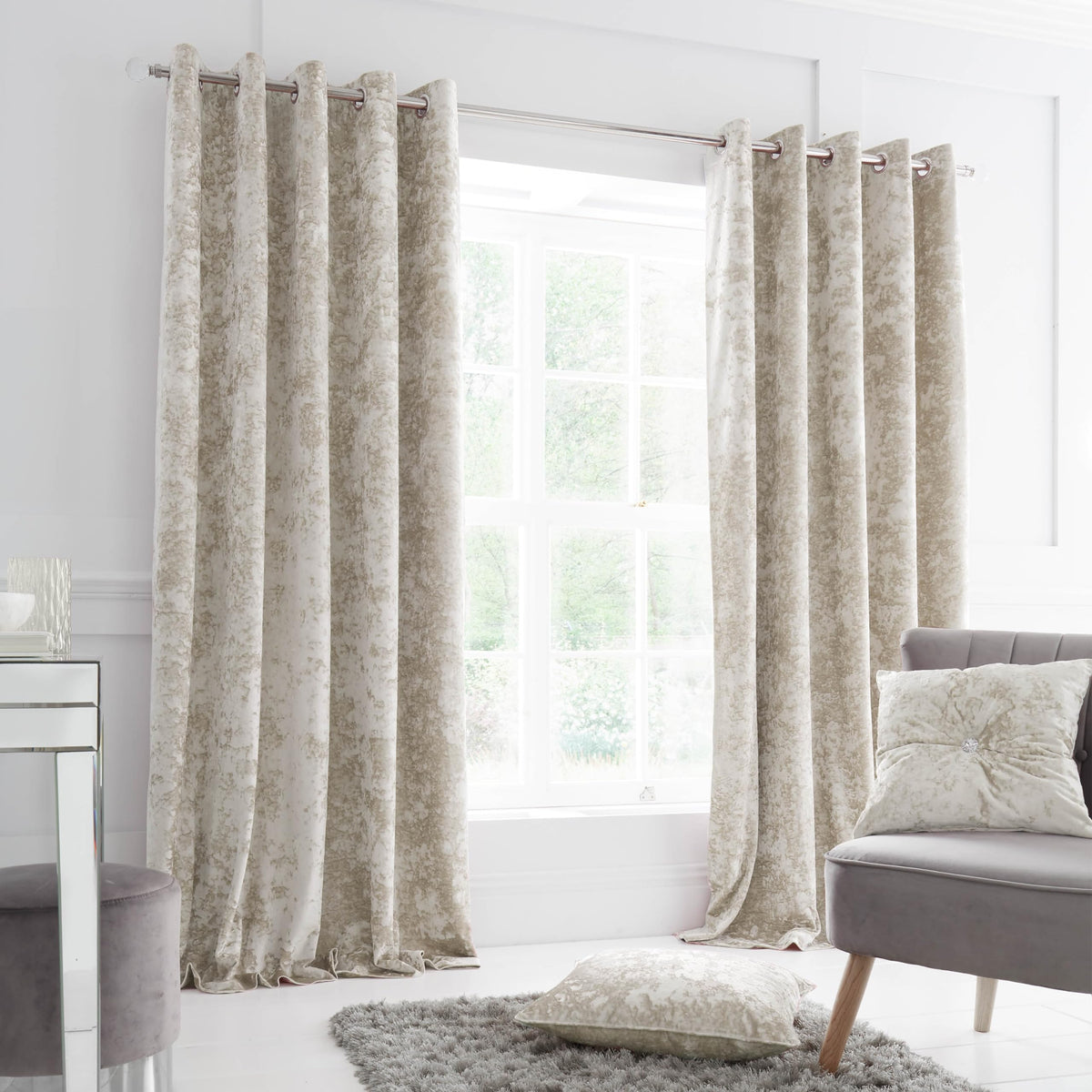 Catherine Lansfield Crushed Velvet 66x54 Inch Lined Eyelet Curtains Two Panels Natural