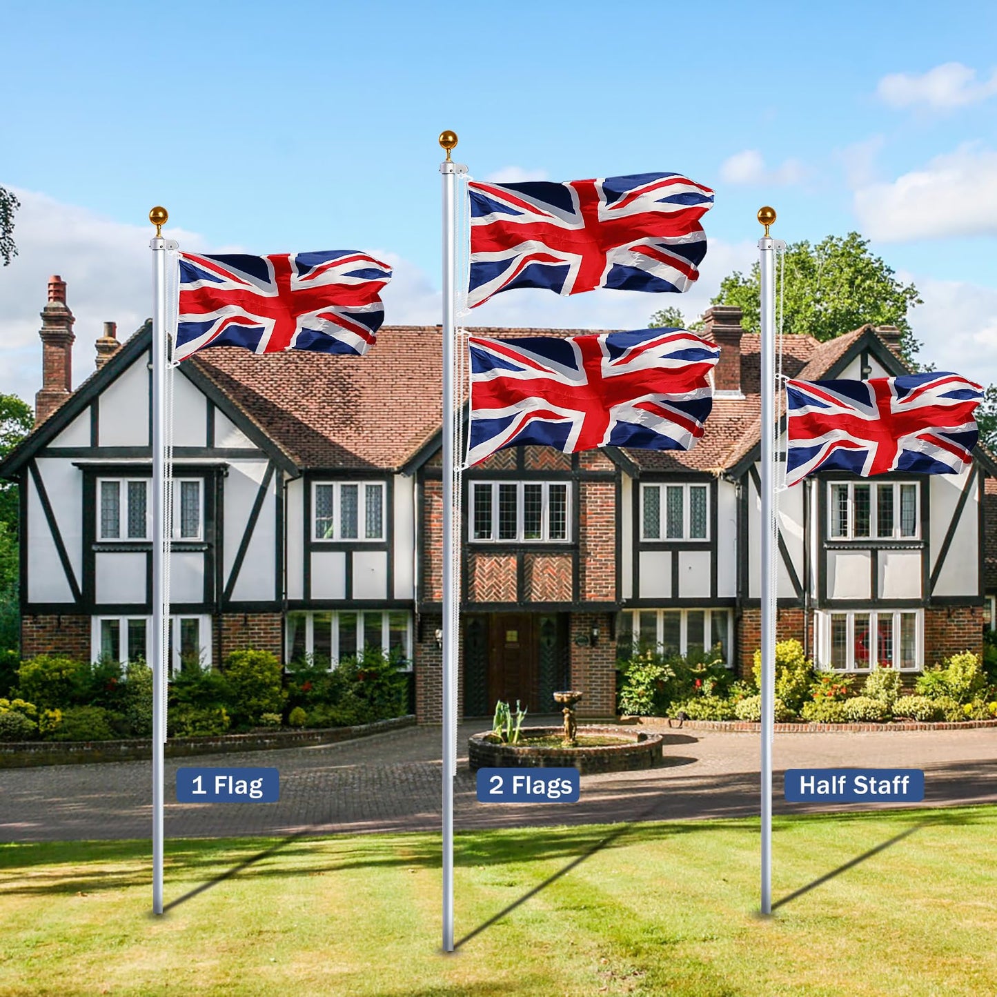 NQ 20FT (6M) Flag Poles for Garden, Sectional Heavy Duty Aluminum Flag Pole Kit with UK Flag, Flag Pole Topper, Flagpole Rope, Outdoor in Ground Flag