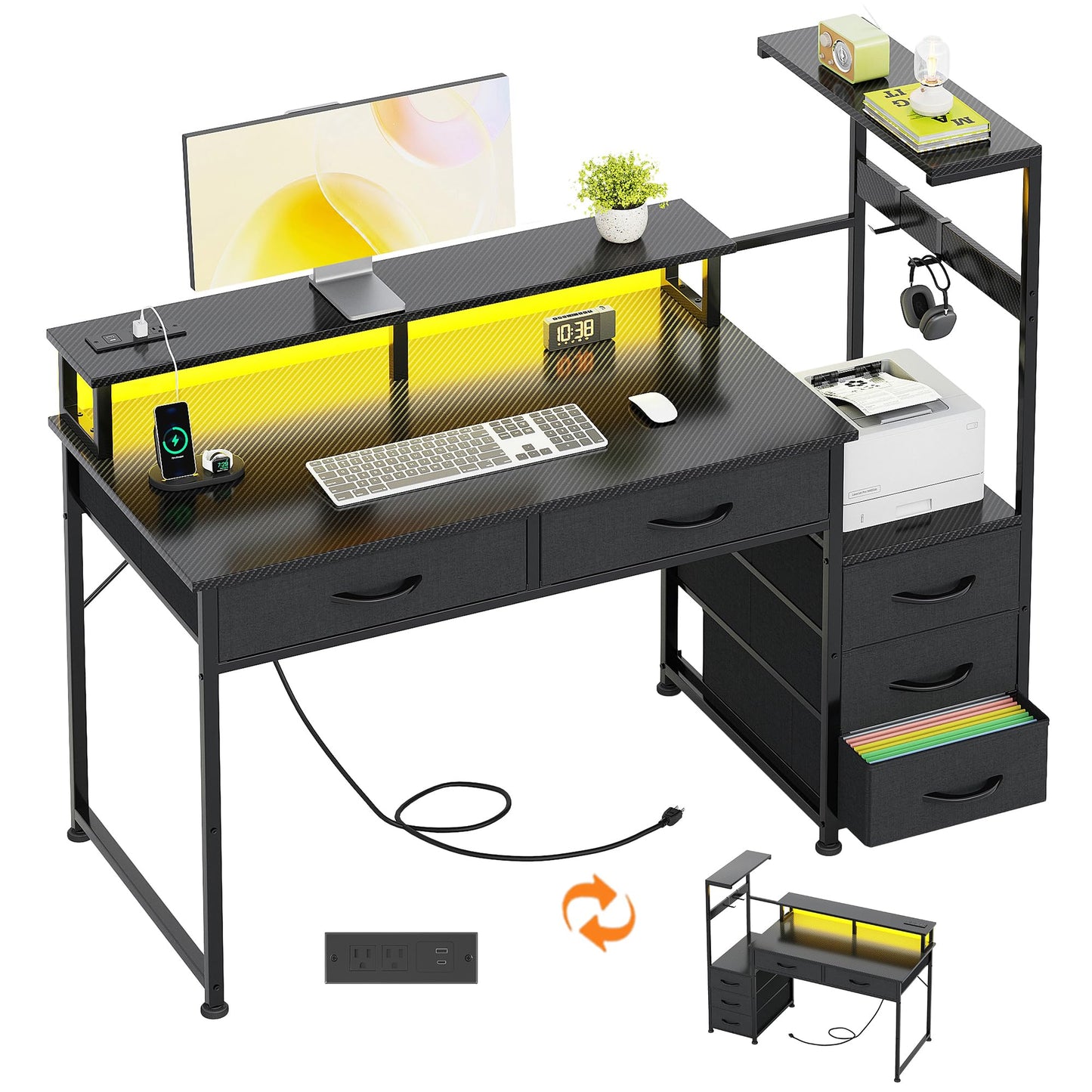 WEMANER 120cm Computer Desk with 5 Fabric Drawers, Reversible Home Office Desk with Printer Cabinet, Writing Desk with Monitor Stand & Power Outlets