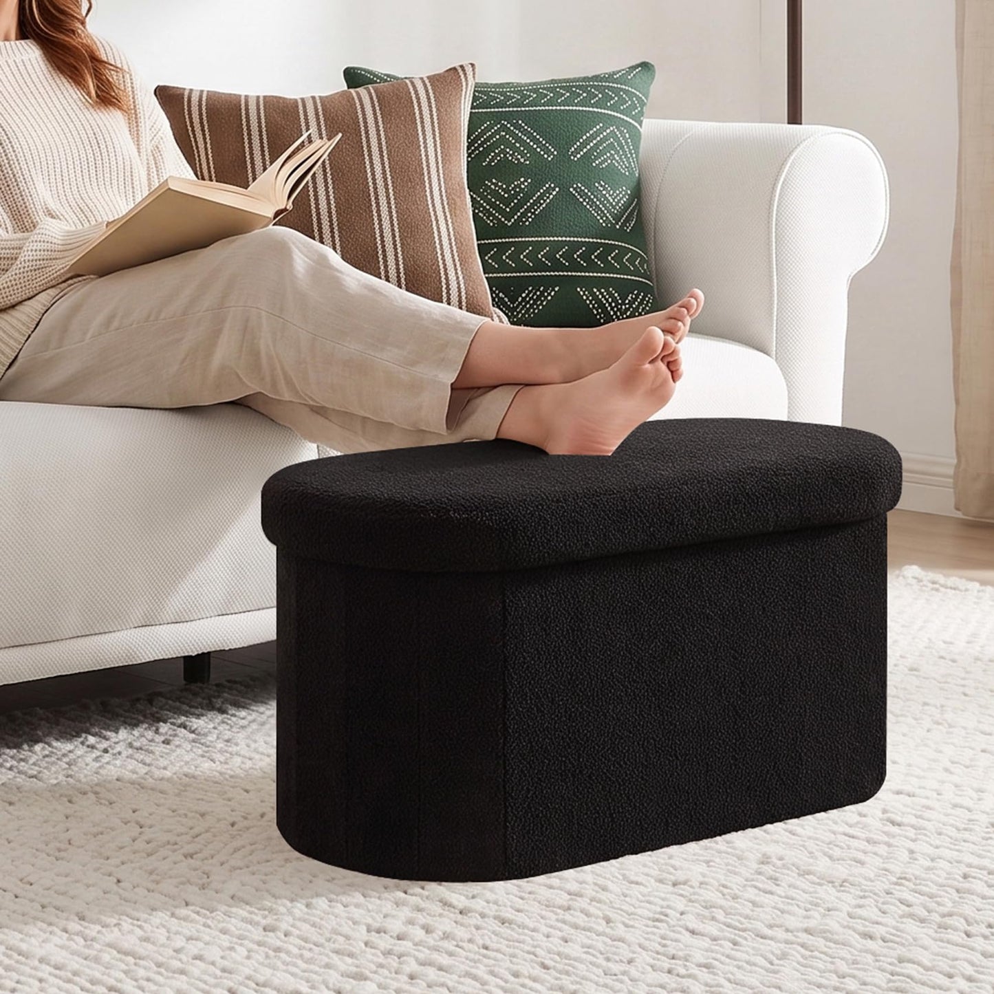 PINPLUS Oval Storage Bench Folding Ottoman Boucle Black, 76x38x38 cm