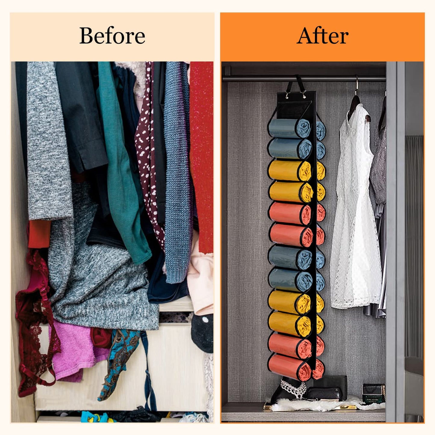 Lirex Hanging Yoga Legging Storage Organizer with 24 Pockets, Foldable Oxford Cloth Hanging Closet Organizer Shirts Jeans Storage Hanger Socks Holder