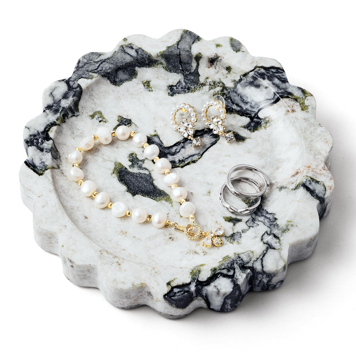 WORHE Marble Vanity Tray - Small Scalloped Round Candle Tray for Jewelry, Perfume, Makeup -Calacatta Viola Jewelry Dish Natural Decorative Bathroom