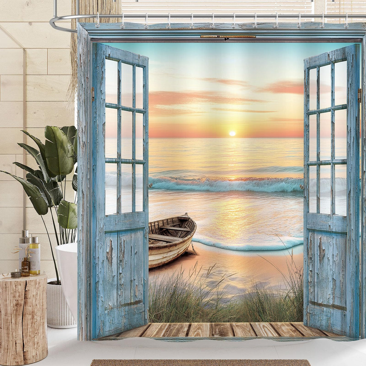 Dazzlewall Ocean Beach Shower Curtain, Vintage Wooden Door Sunrise Sunset Coastal Scene Bathroom Curtain Waterproof 180x180cm, Mildew & Mould
