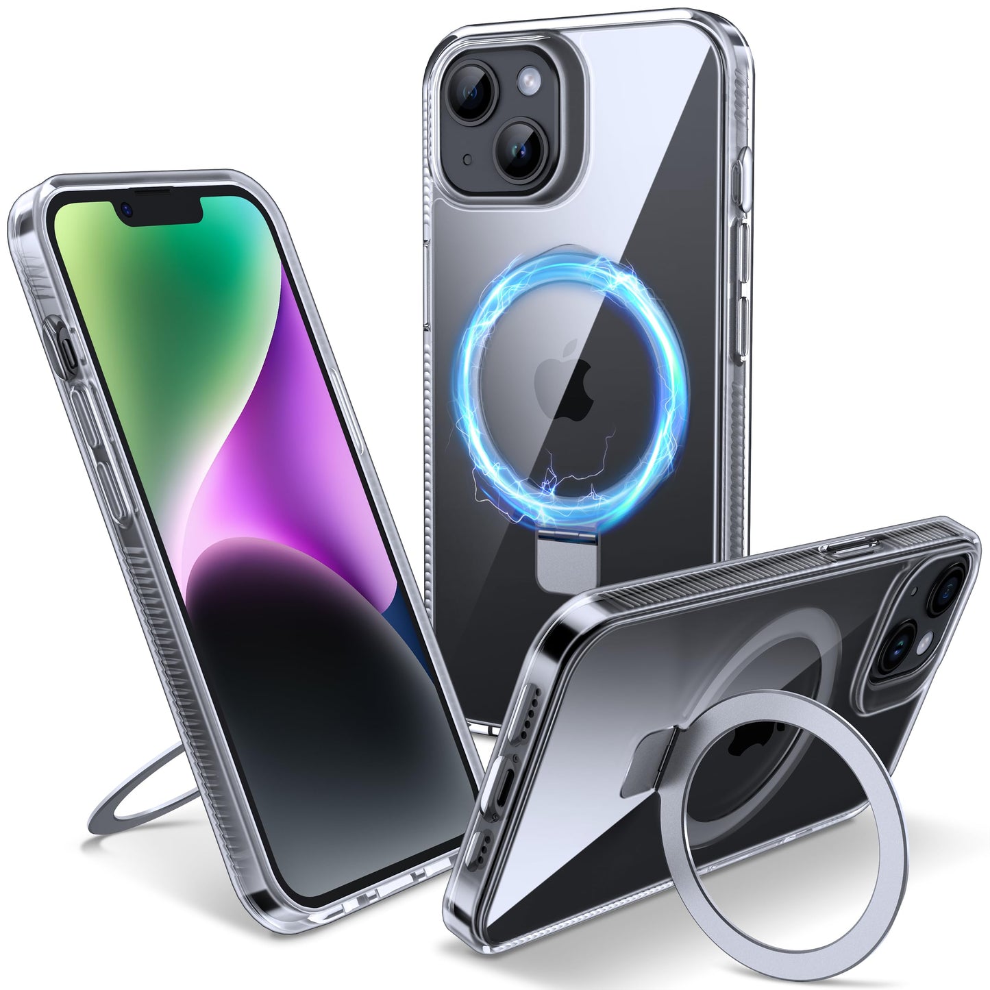 Flyzoo Magnetic Kickstand Case for iPhone 13/14, [Compatible with MagSafe & Invisible Ring Stand Holder] [Non-Yellowing & Shockproof] Clear
