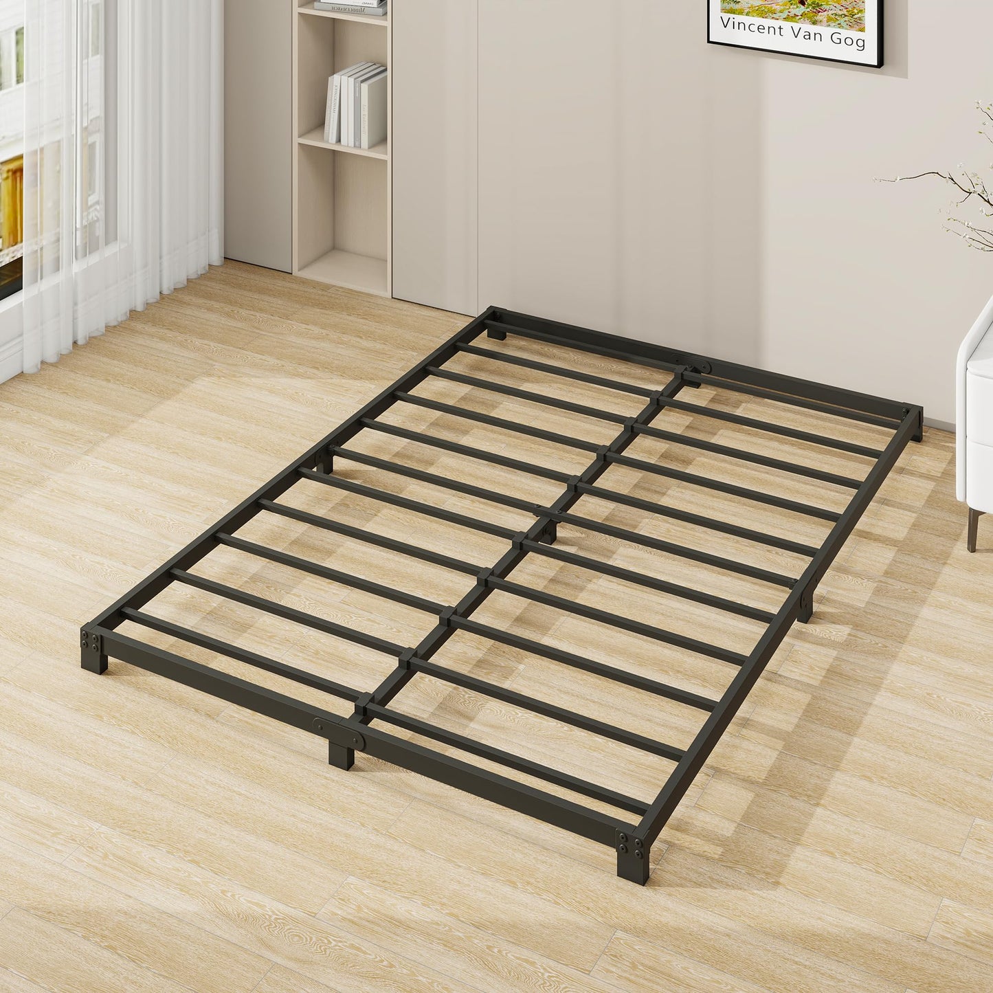 VERFARM 8cm Low 4ft6 Double Bed frame, Metal Bed 135x190 cm, Double Size Heavy Duty Metal Platform Bed Frame with Steel Slat Support, No Box Spring