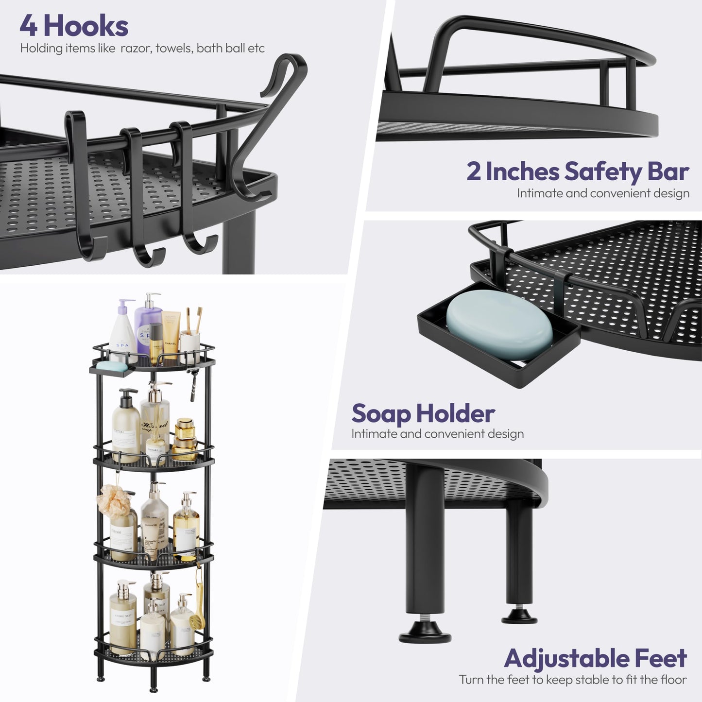 SWTYMIKI Corner Shower Caddy - 4 tier Bathroom Corner Shelf Shower Organizer Corner with 4 Hooks, Rust Free Standing Shower Caddy with Soap