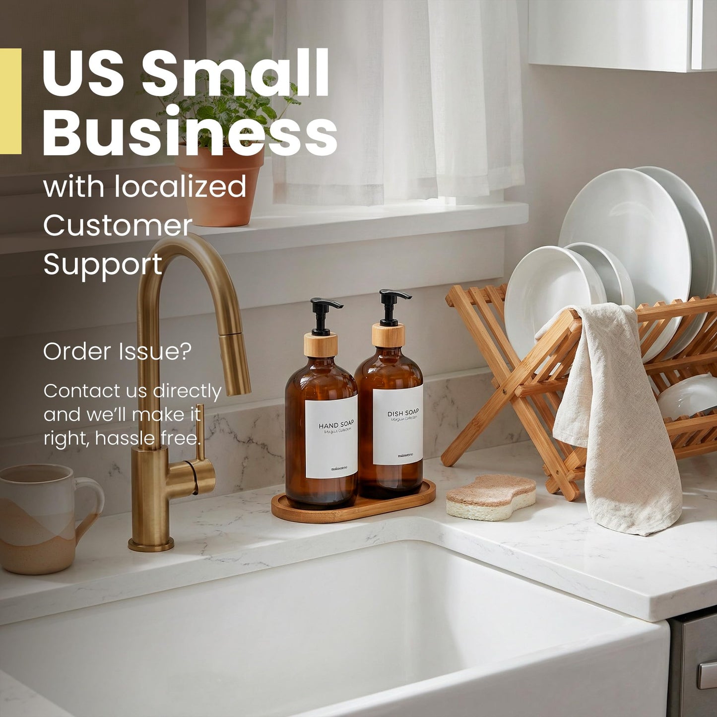 MaisoNovo Hand and Dish Soap Dispenser Kitchen Set of 2-500 ml Amber Glass Soap Dispenser Bottle with Pump Black Bamboo x 2