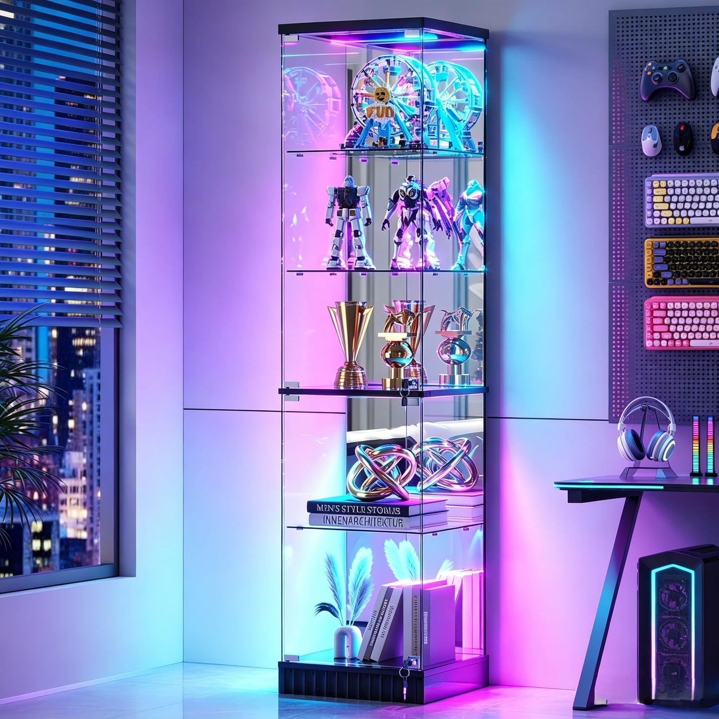5-Tier RGB Corner Display Cabinets with Human Body Sensor for Collectibles