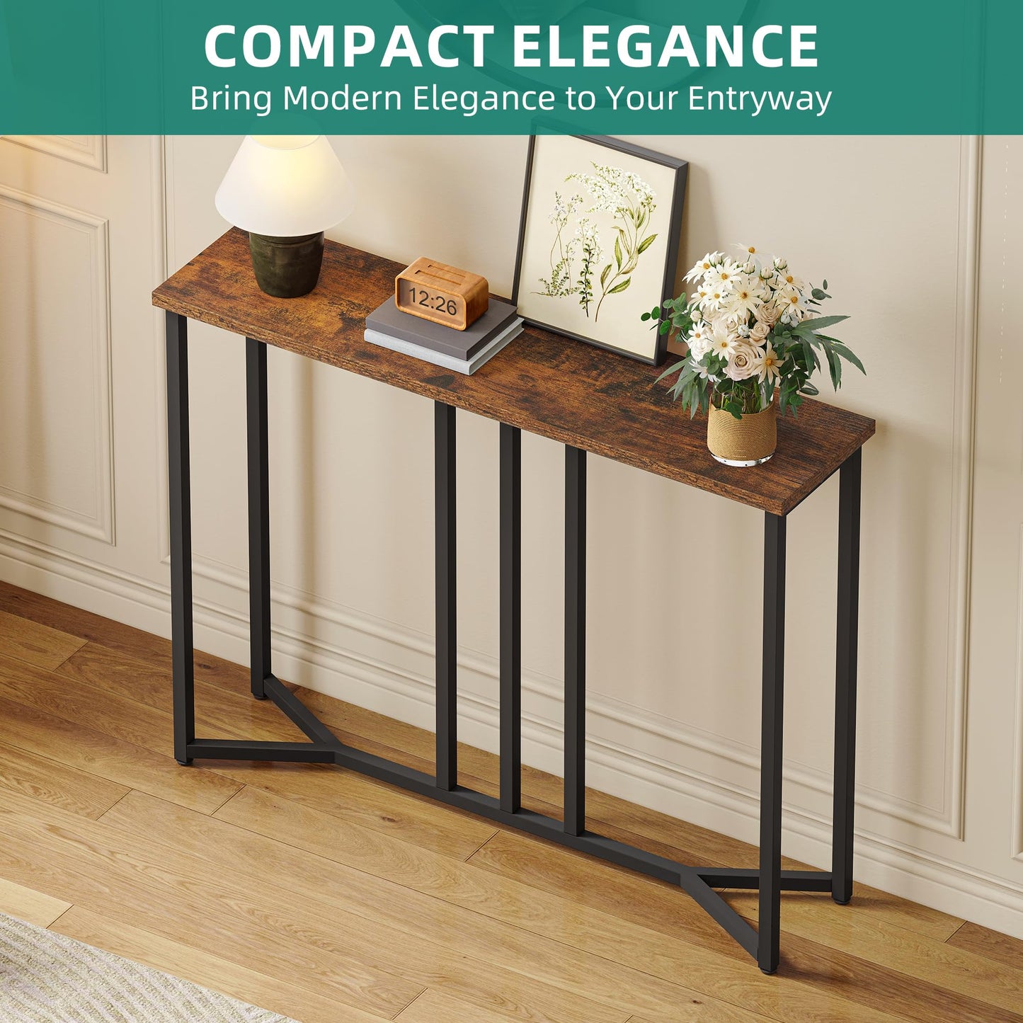 YITAHOME Console Table, 80CM Slim Console Table, Rustic Brown and Black