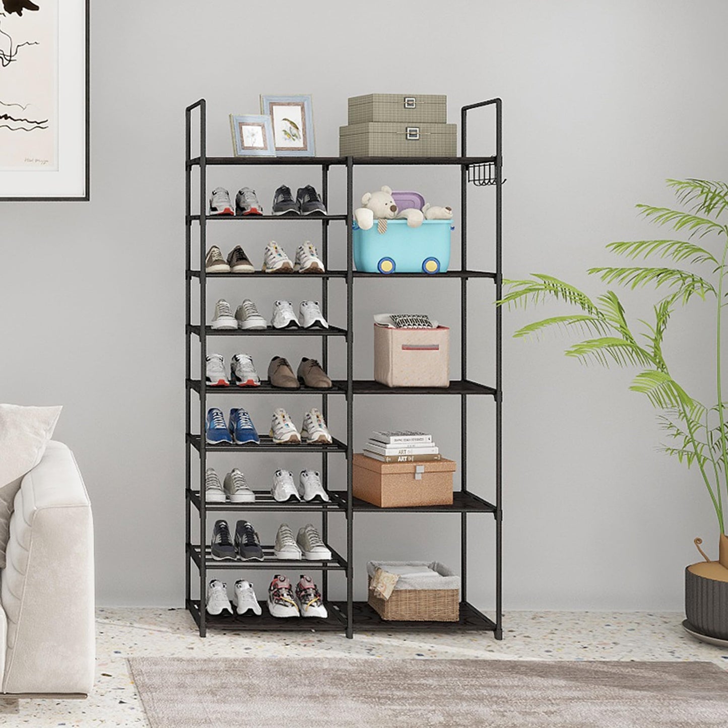 Lxvckly Shoe Rack, 9 Tiers Shoe Storage Organizer, Metal Tall Shoe Shelf Holds 30-32 Pairs, Vertical Shoe & Boot Organizer for Narrow Spaces